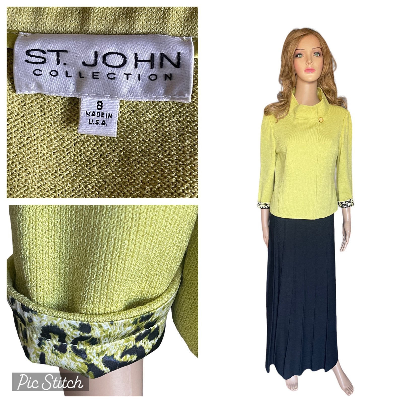 ST.JOHN COLLECTION Lime Green Jacket with Animal Print Cuffs /skirt Size 8