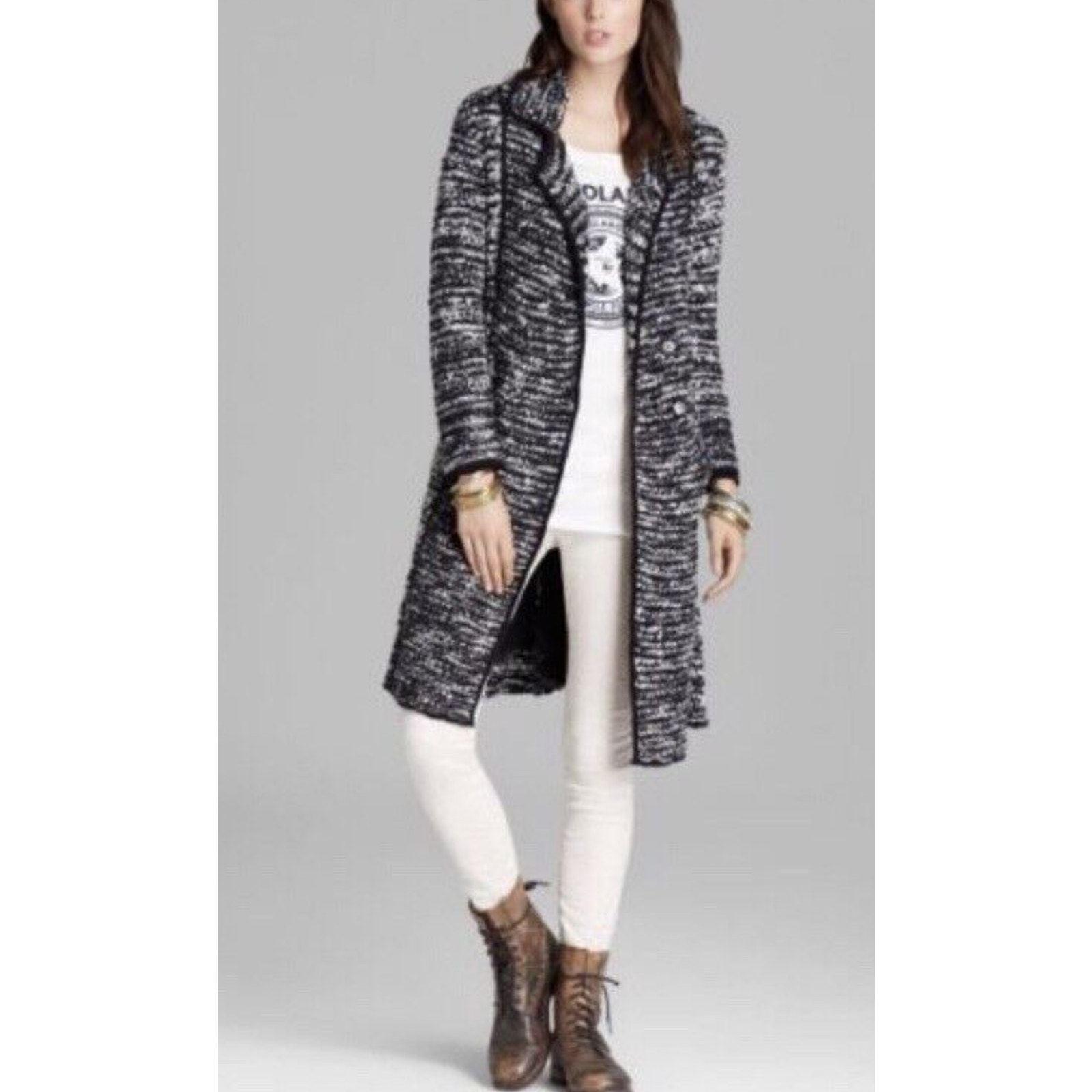 Free people wool blend tweed knit blk/wht sweater duster cardigan small