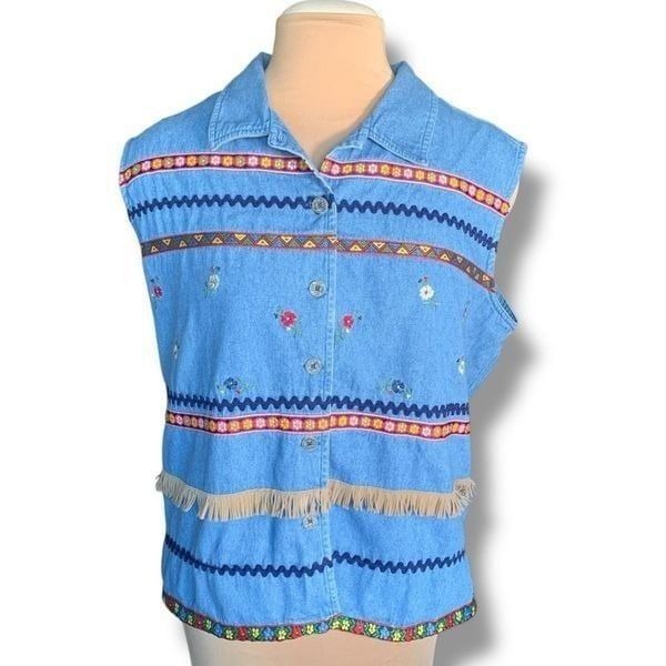 Upcycled Vintage Victoria Jones Sleeveless Denim Shirt Fringe Floral Details