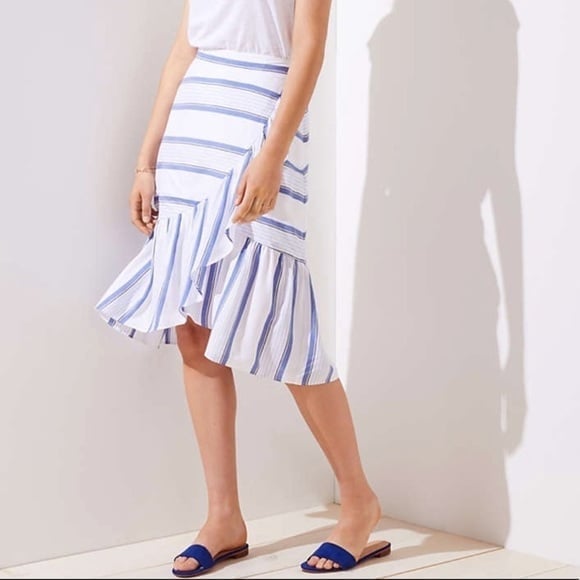 NWT!! LOFT Blue white Striped Ruffle Wrap Skirt