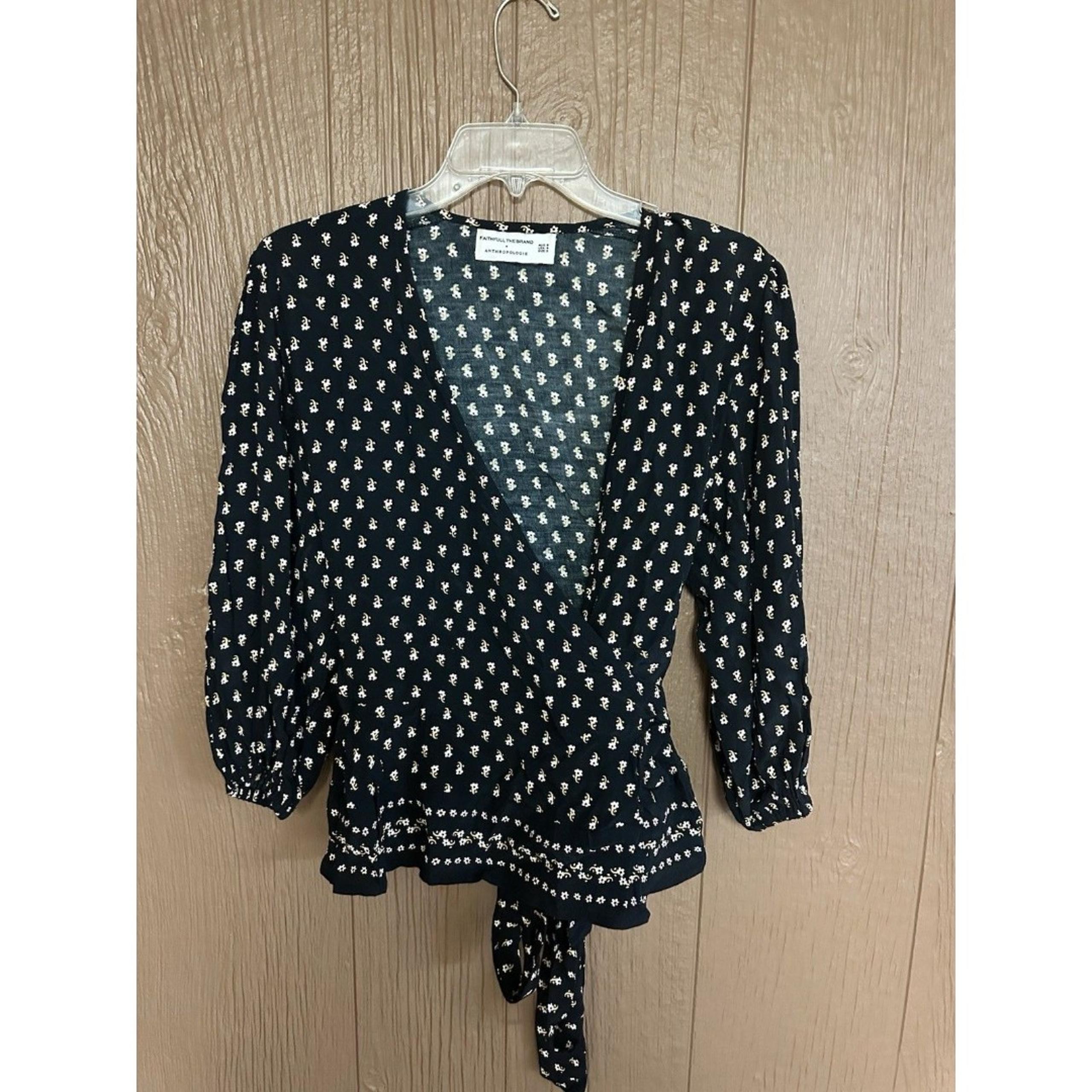 Faithfull The Brand X Anthropologie Yvette Black Floral Wrap Blouse Top Size S