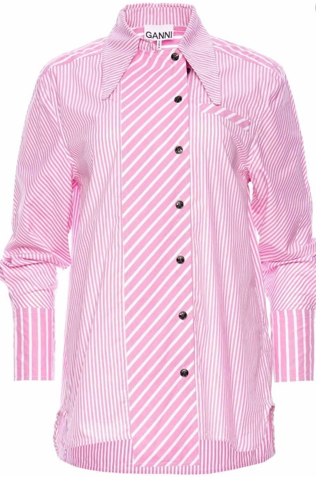 GANNI Longsleeve Striped Cotton Button down Shirt in Moonlight Mauve SZ S