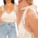 CAMI NYC Freya V Neck Silk Lace Trim Bow Shoulder Cami Top in Ceramic Ivory