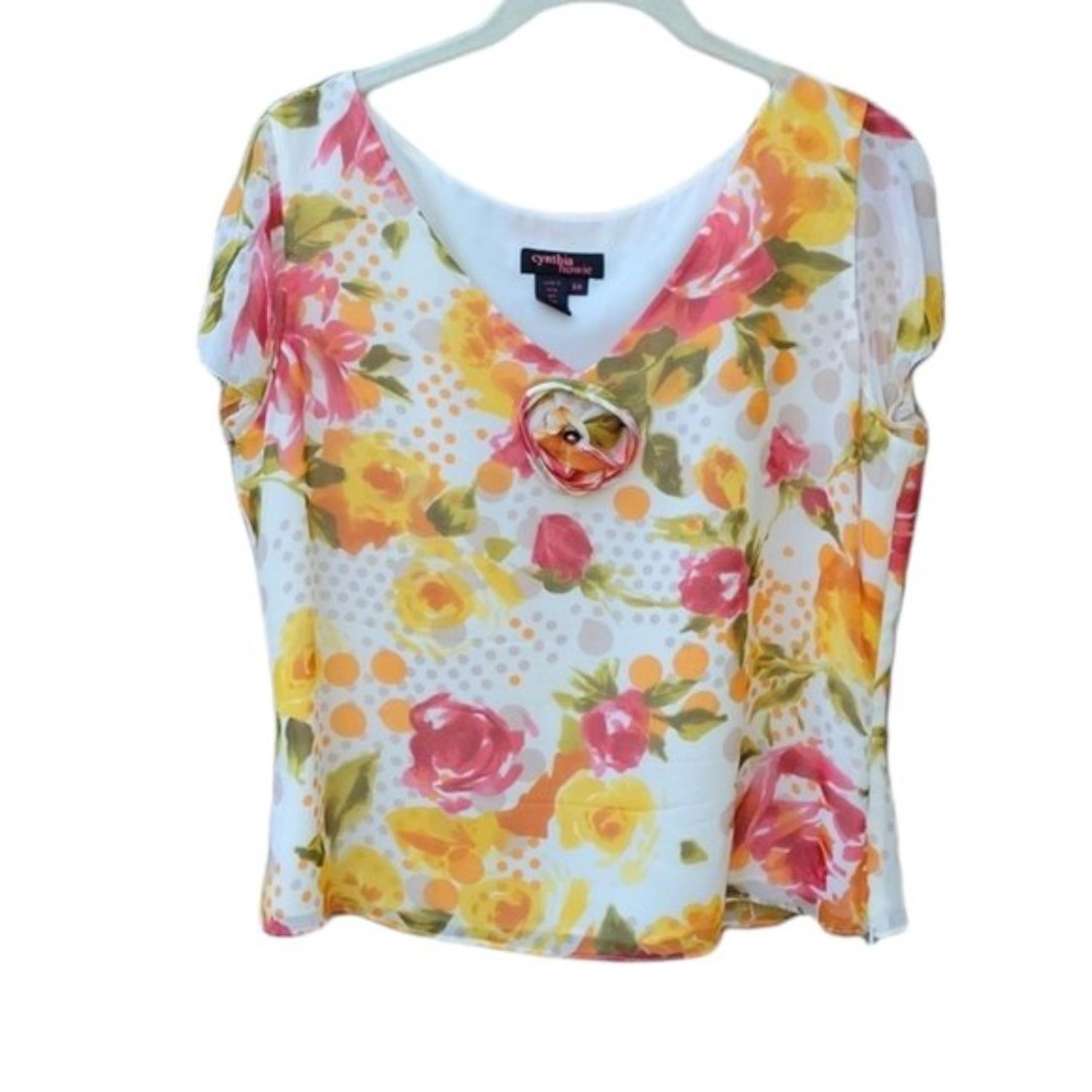 CYNTHIA HOWIE Blouse SILK FLORAL PINK/ORANGE SILK FLOWER VEE NECK TOP 10