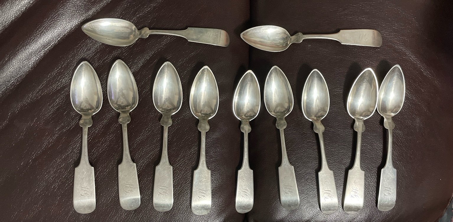 Antique J & I Cox New York Coin Silver Monogrammed Spoon Set.