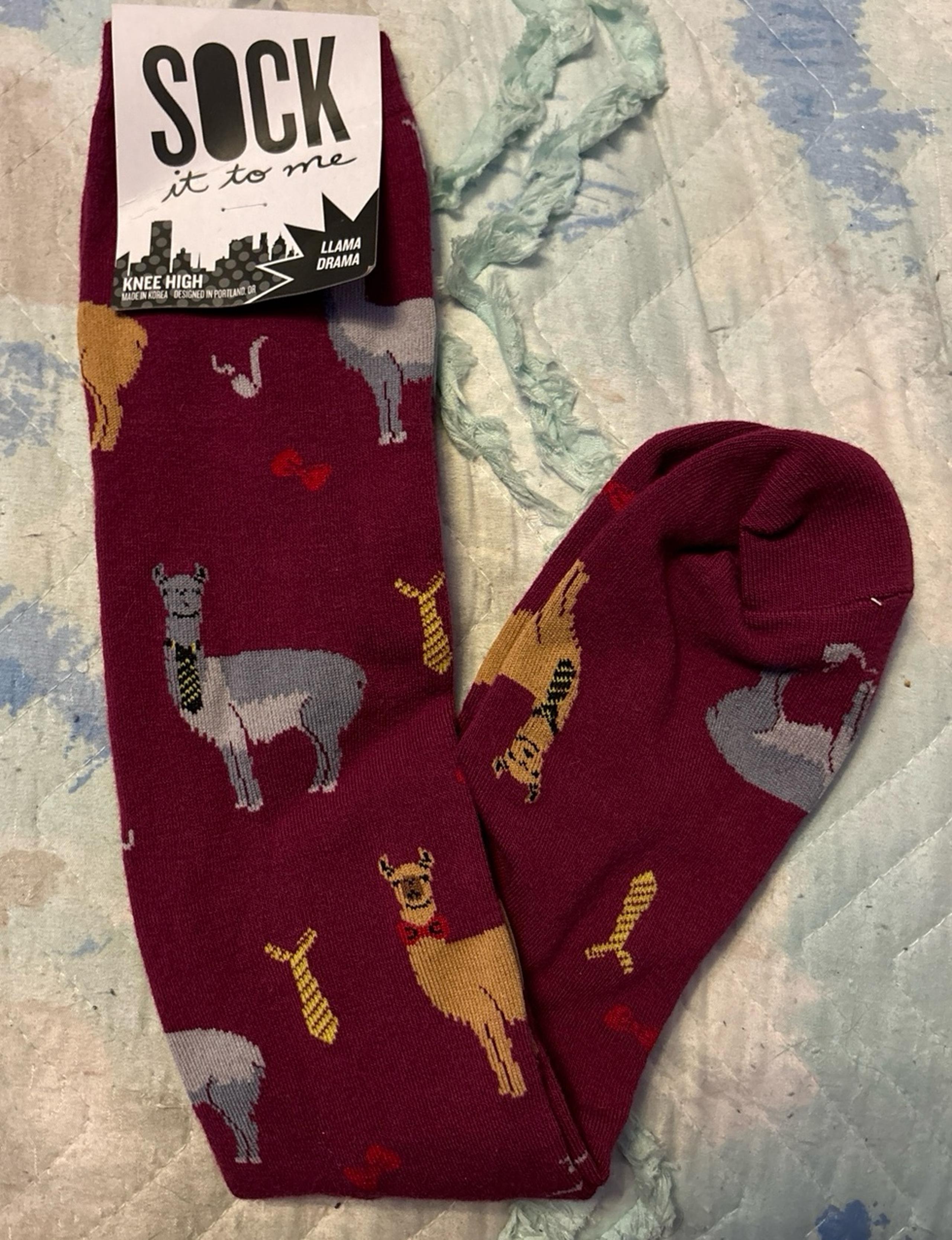 NEW Sock It To Me Women’s Knee High Socks, Llama Drama, Burgundy