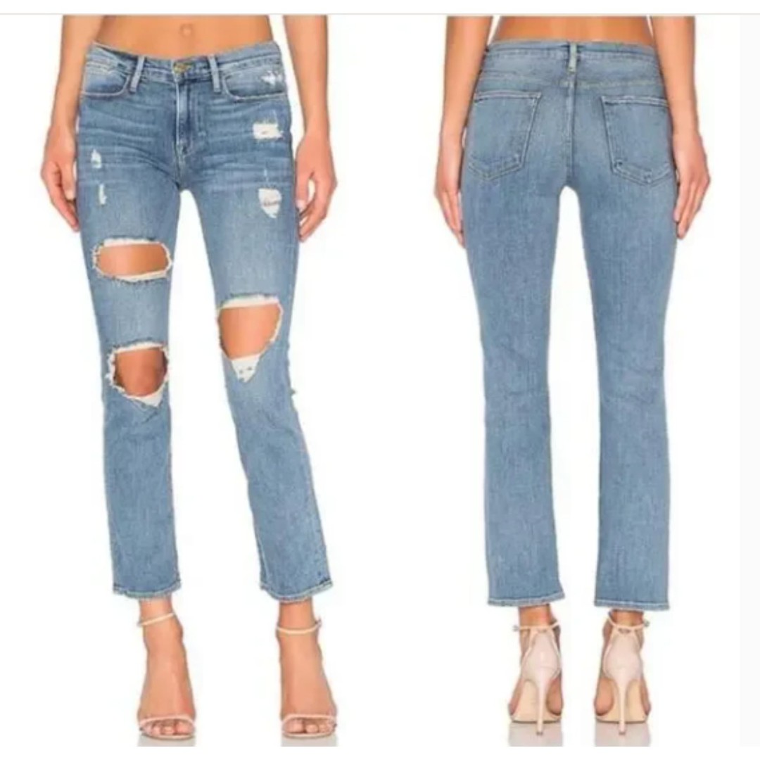 Frame Le High Straight Distressed Blue Jeans in Arrington, Sz 29 (runs small)
