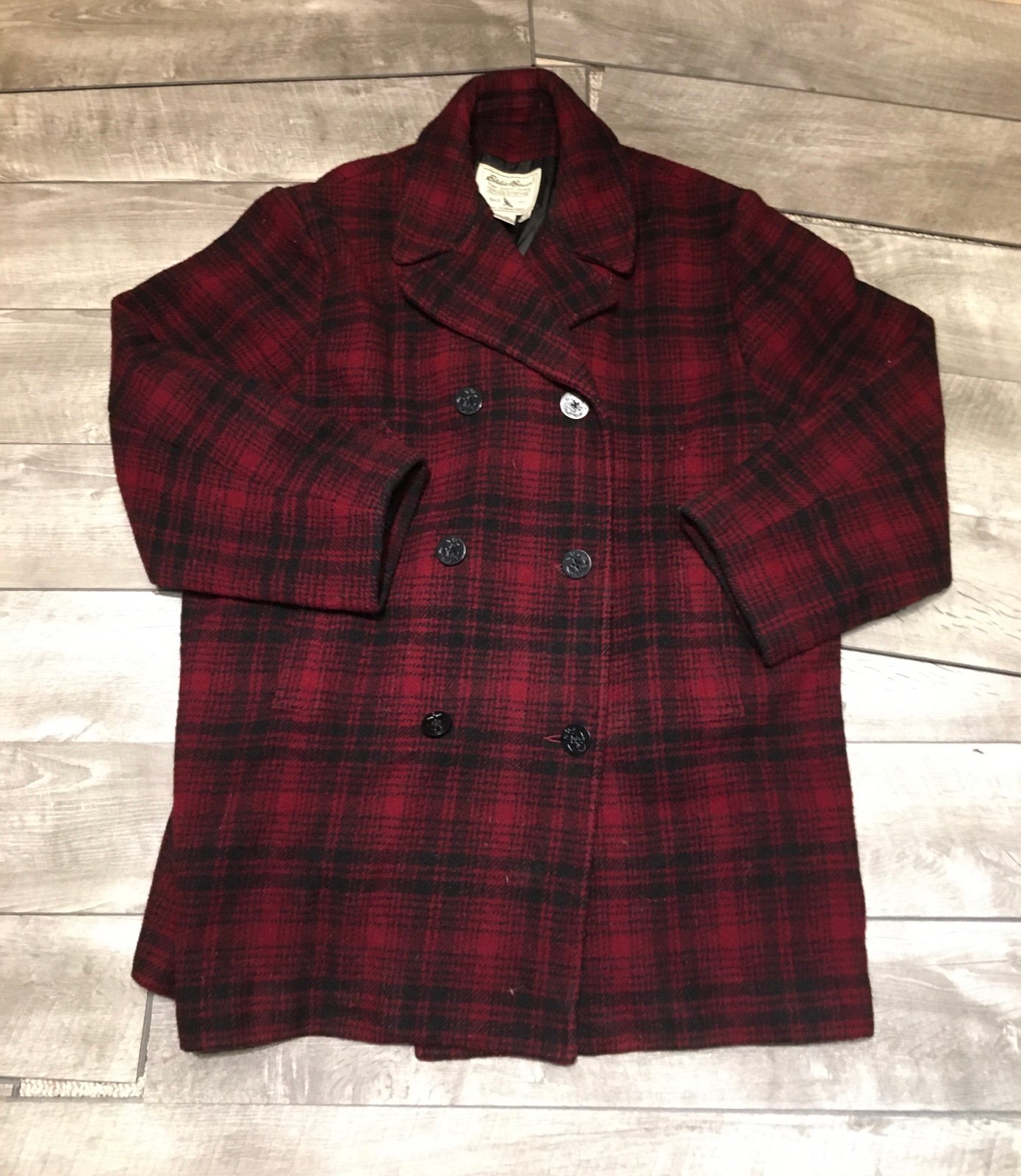 Vintage Eddie Bauer Red Black Wool Plaid Womens Peacoat Pea Coat Size XXL