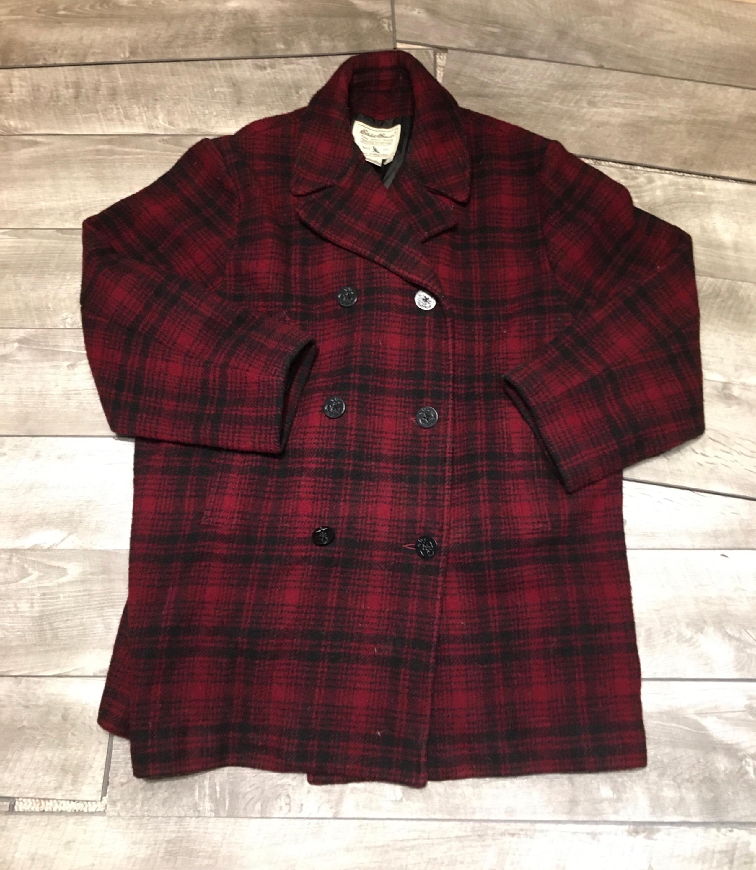 Vintage Eddie Bauer Red Black Wool Plaid Womens Peacoat Pea Coat Size XXL