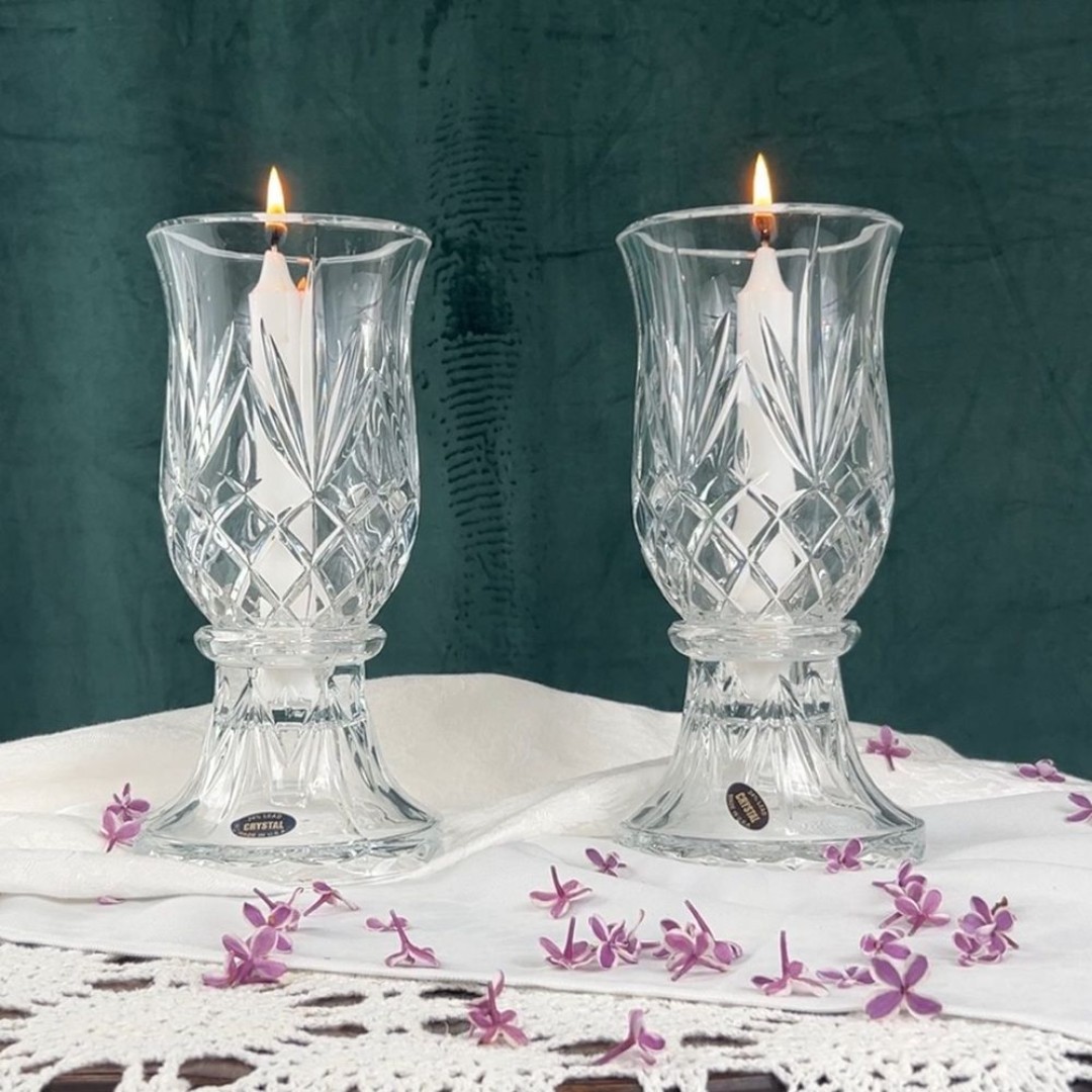 Vintage Partylite Savannah Cut Leaded Glass Crystal Hurricane Candle Holders