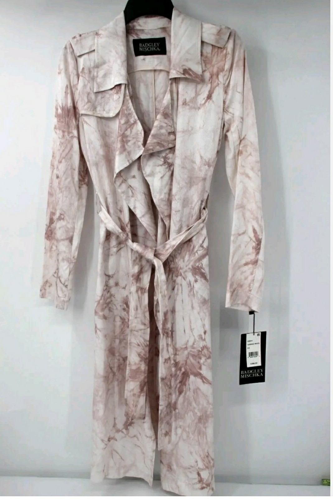 NWT Badgley Mischka Women''s XS Tie Dye Lyocell Trench Coat Sunrise White belted