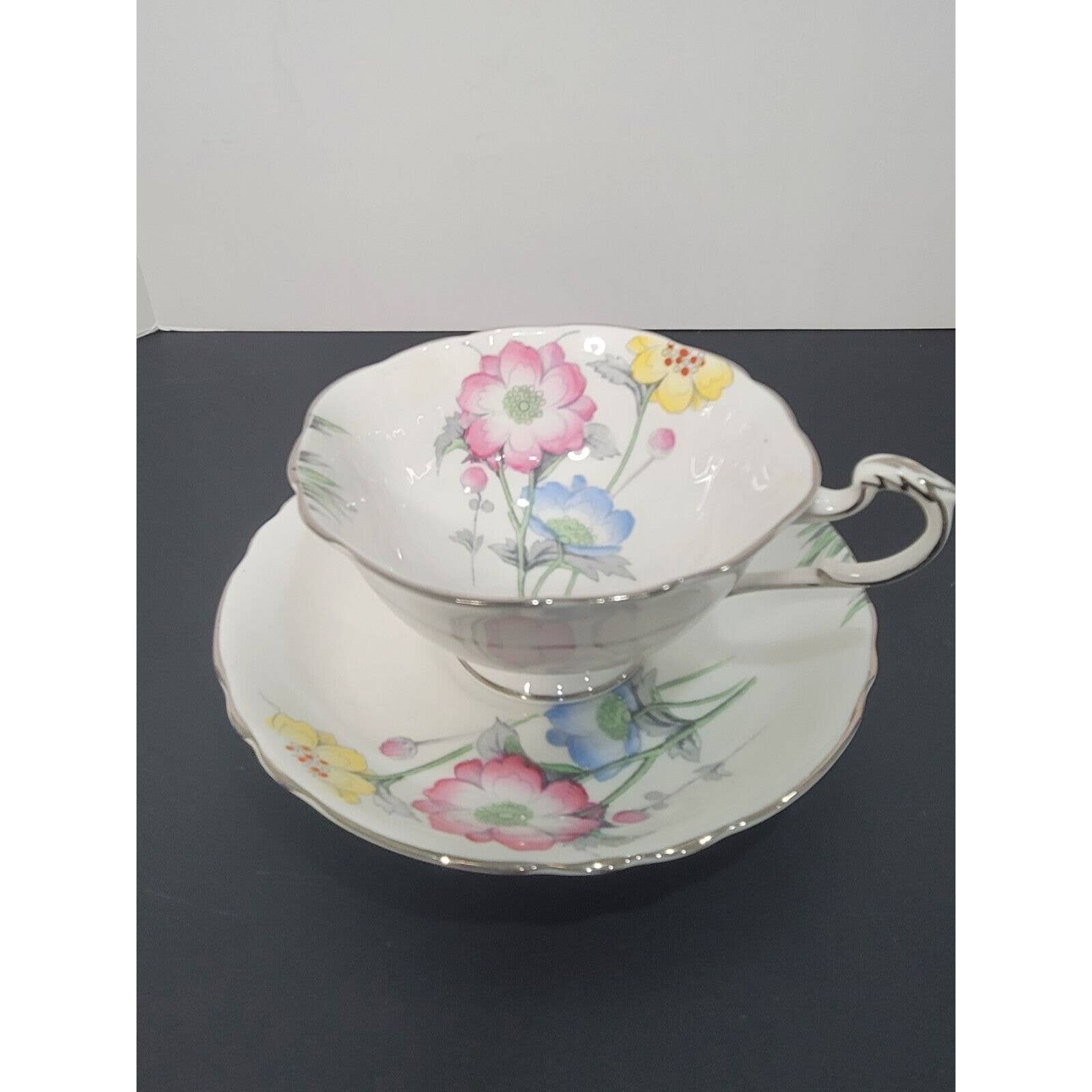 PARAGON by Appointment Summer Flowers White w/Silver Rim Tea Cup & Saucer A1752