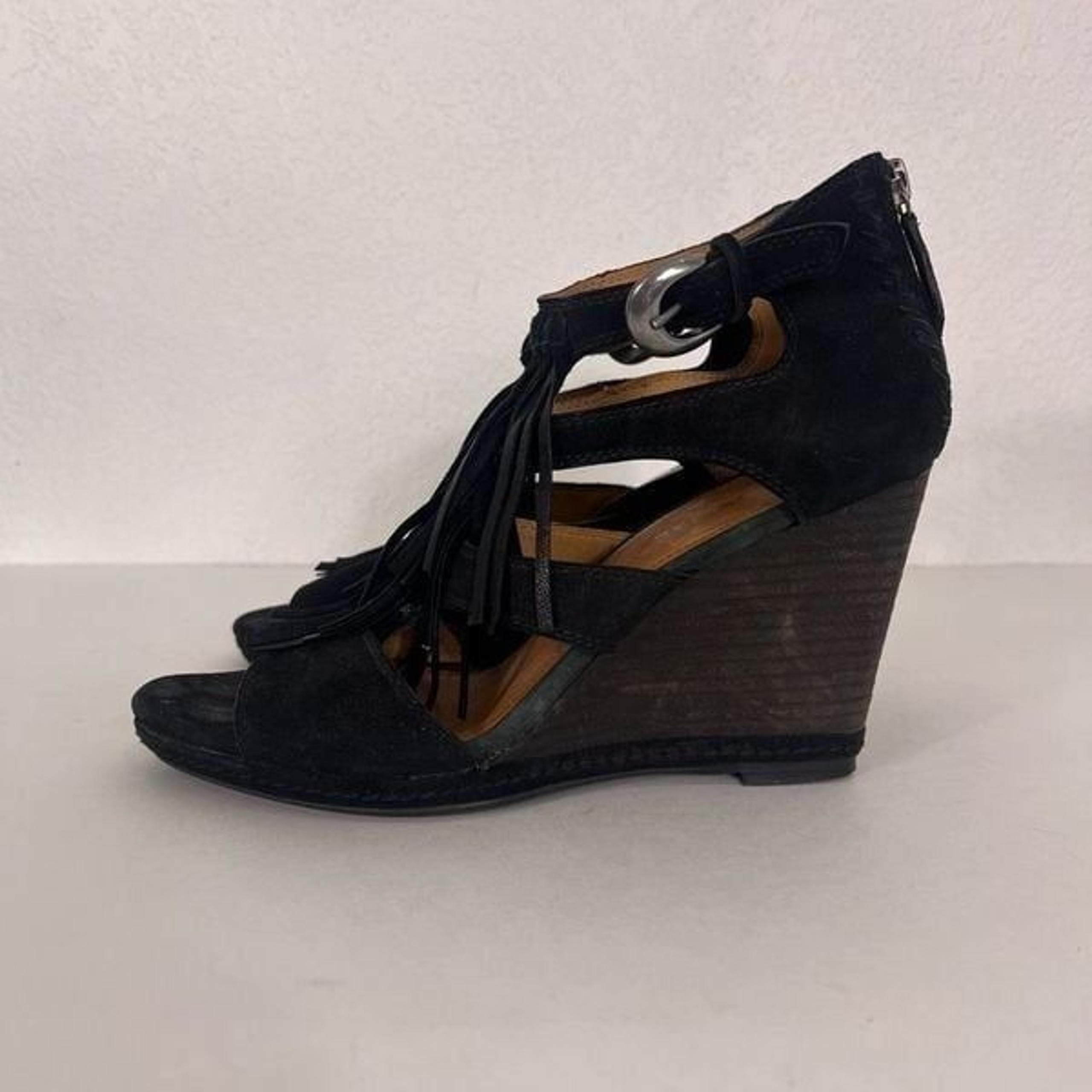 Trask Black Leather Suede Fringe High Heel Wedges