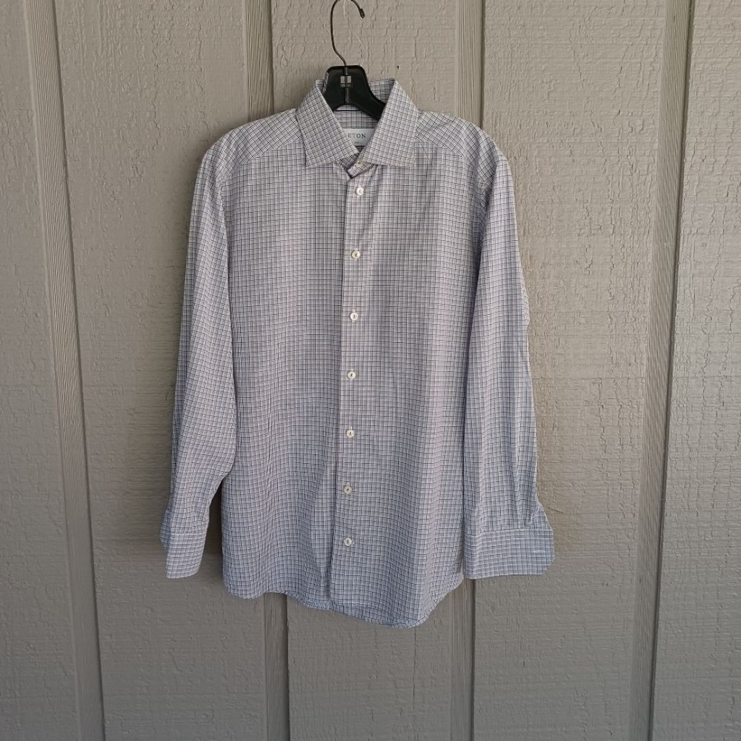 Eton Slim Fit Dress Shirt Top Size 15.5 39 Men Plaid Pattern Cotton Long Sleeve