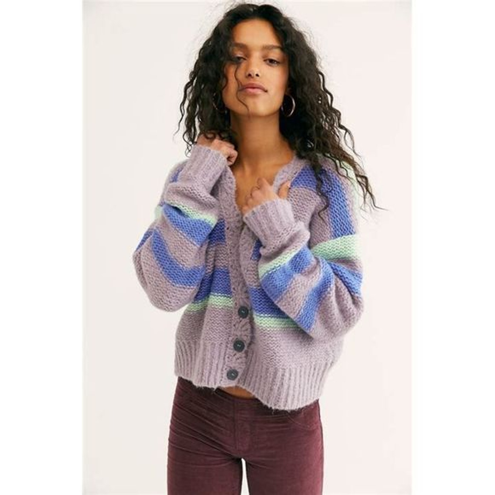 Free People Fine Time Stripe Button Front Cardigan Sweater