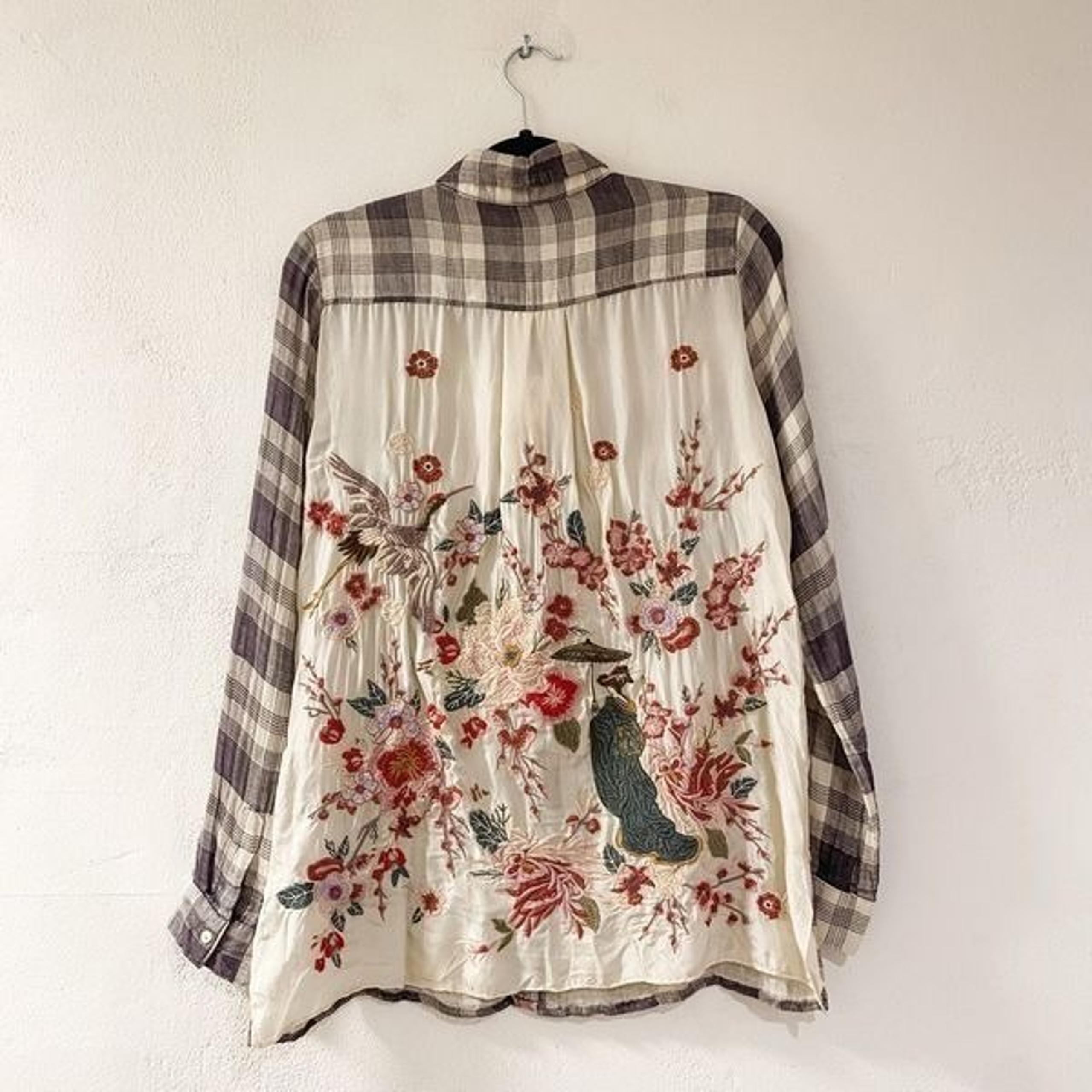 Johnny Was Hisako Embroidered Back Button Down Shirt in Plaid Small NWT