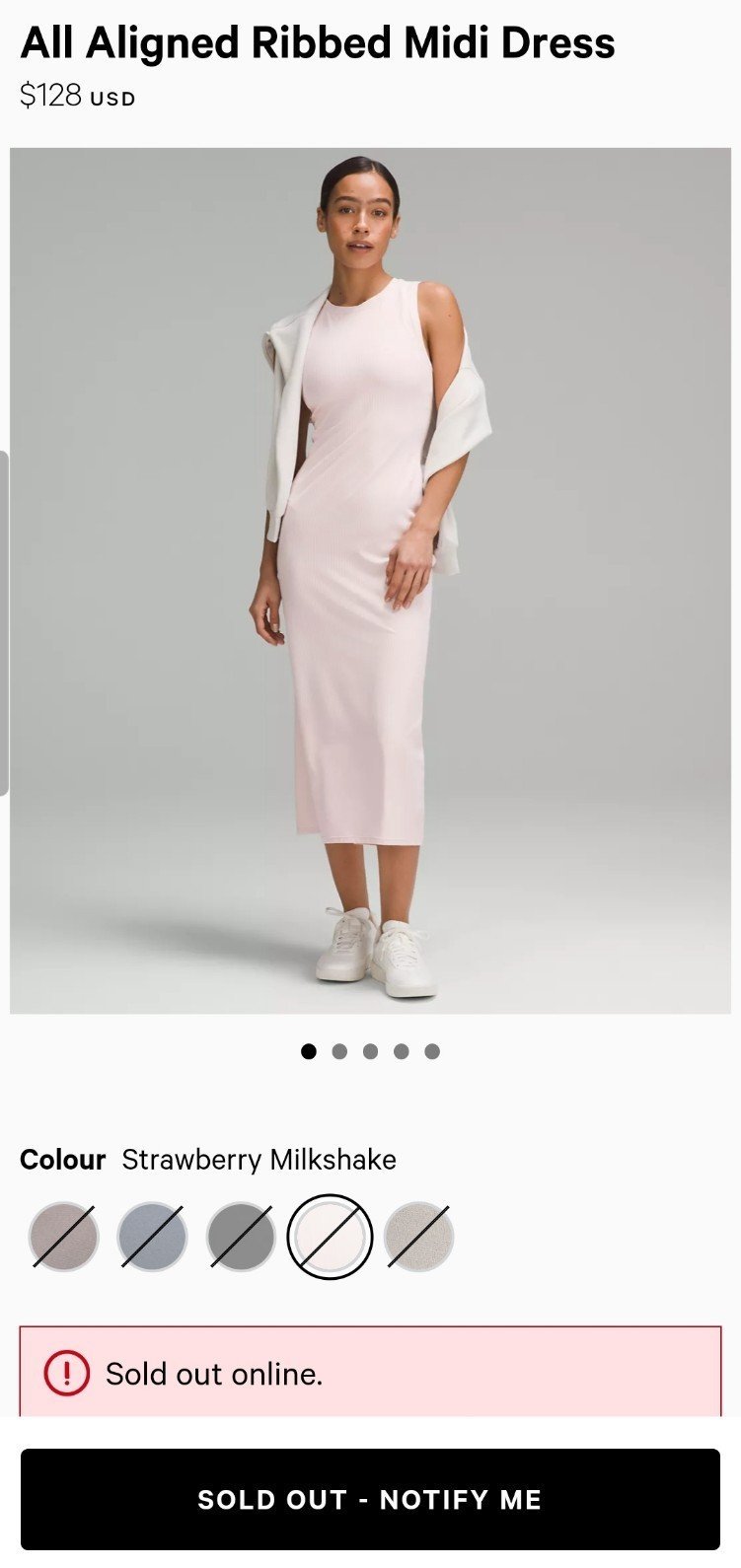 Lululemon All Aligned Ribbed Midi Dress, size 8, strawberry milkshake