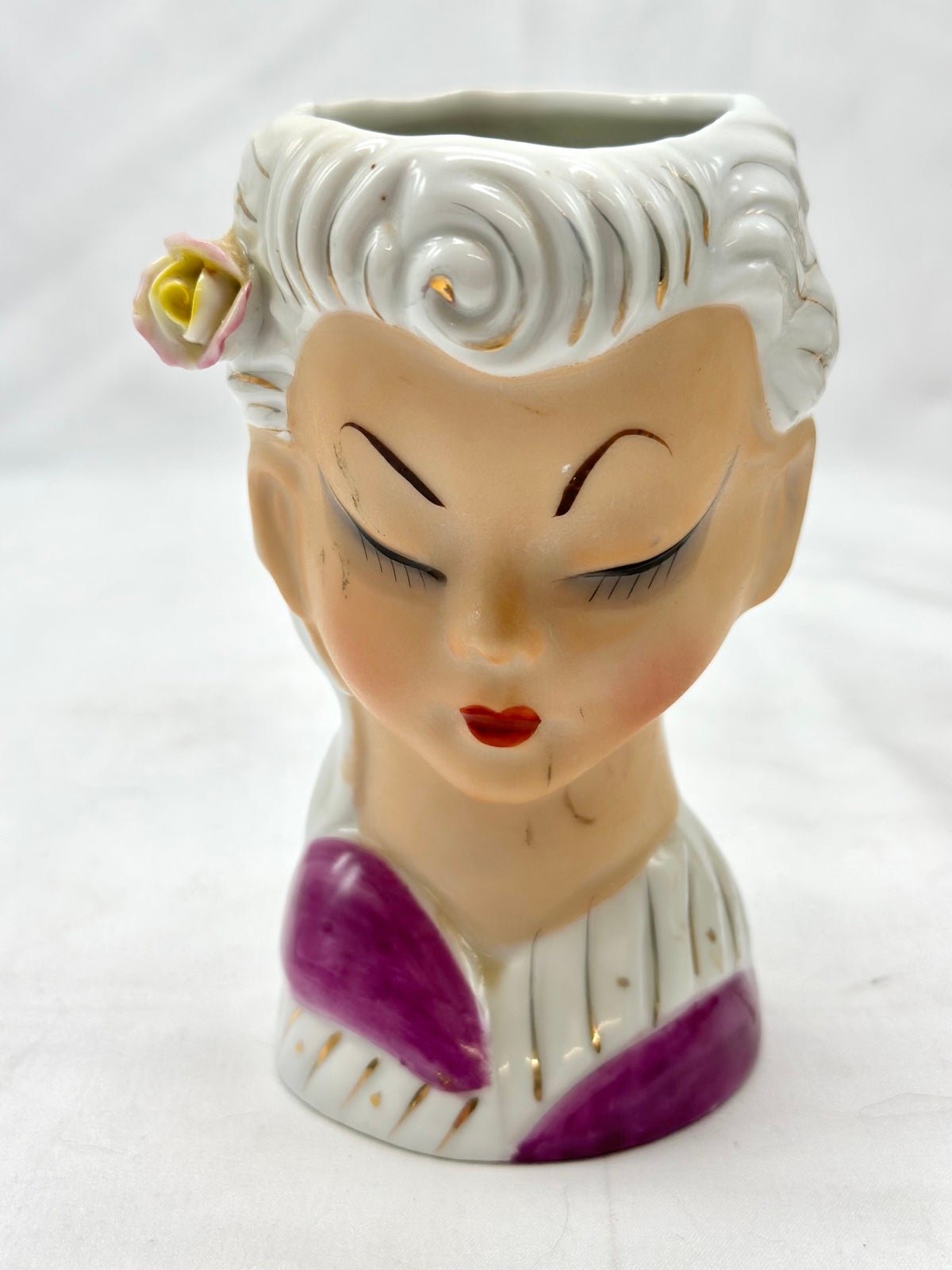 Vintage Enesco Head Vase with White Hair and Gold Accents