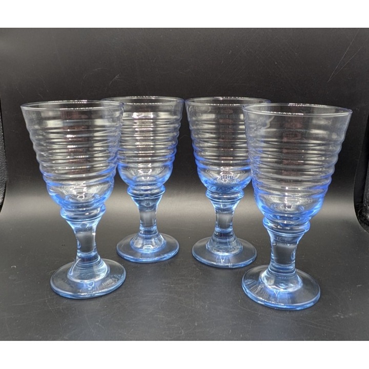 Vtg Libbey Ice Blue Sirrus Ribbed Wine Glass Set of 4 Drinking Goblet 7”