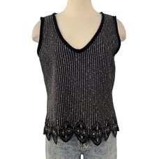 St. John Sleeveless V-Neck Shell Sweater Tank Top Black White Made in USA Size L