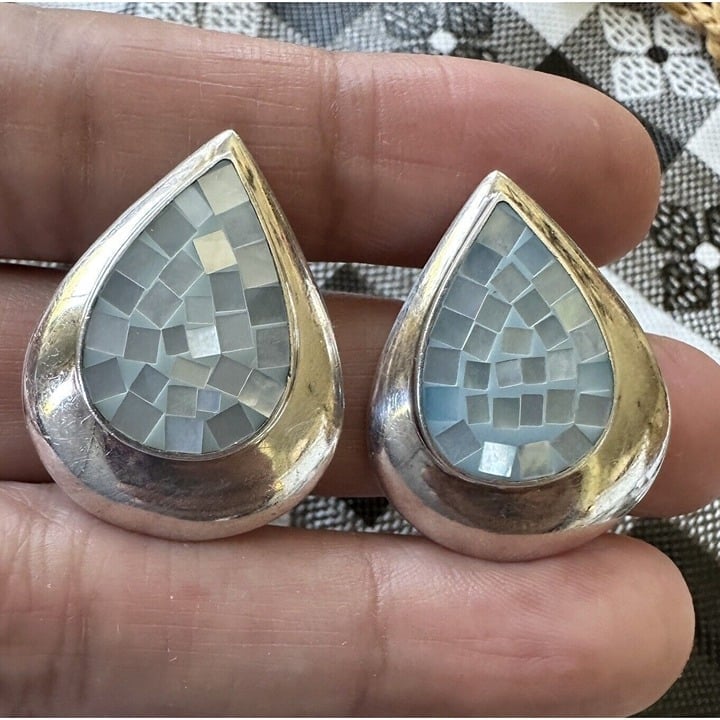 VTG Sterling Silver Clip-On Earrings Southwestern Mother Of Pearl Mosaic 9.8g
