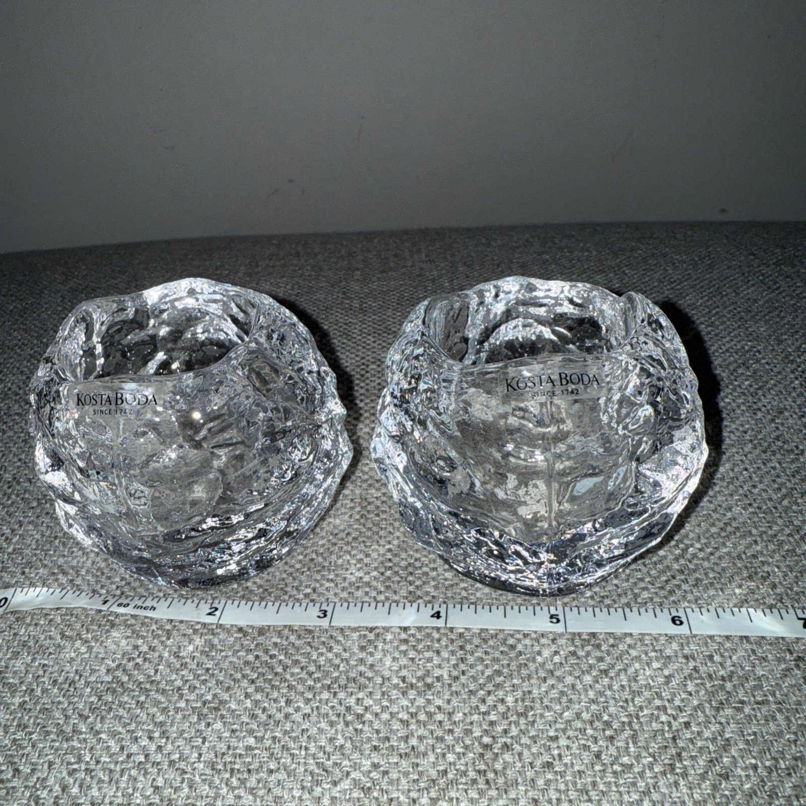 Kosta Boda Pair Snowball Votive Tea Light Candle Holder Clear Glass Lead Crystal