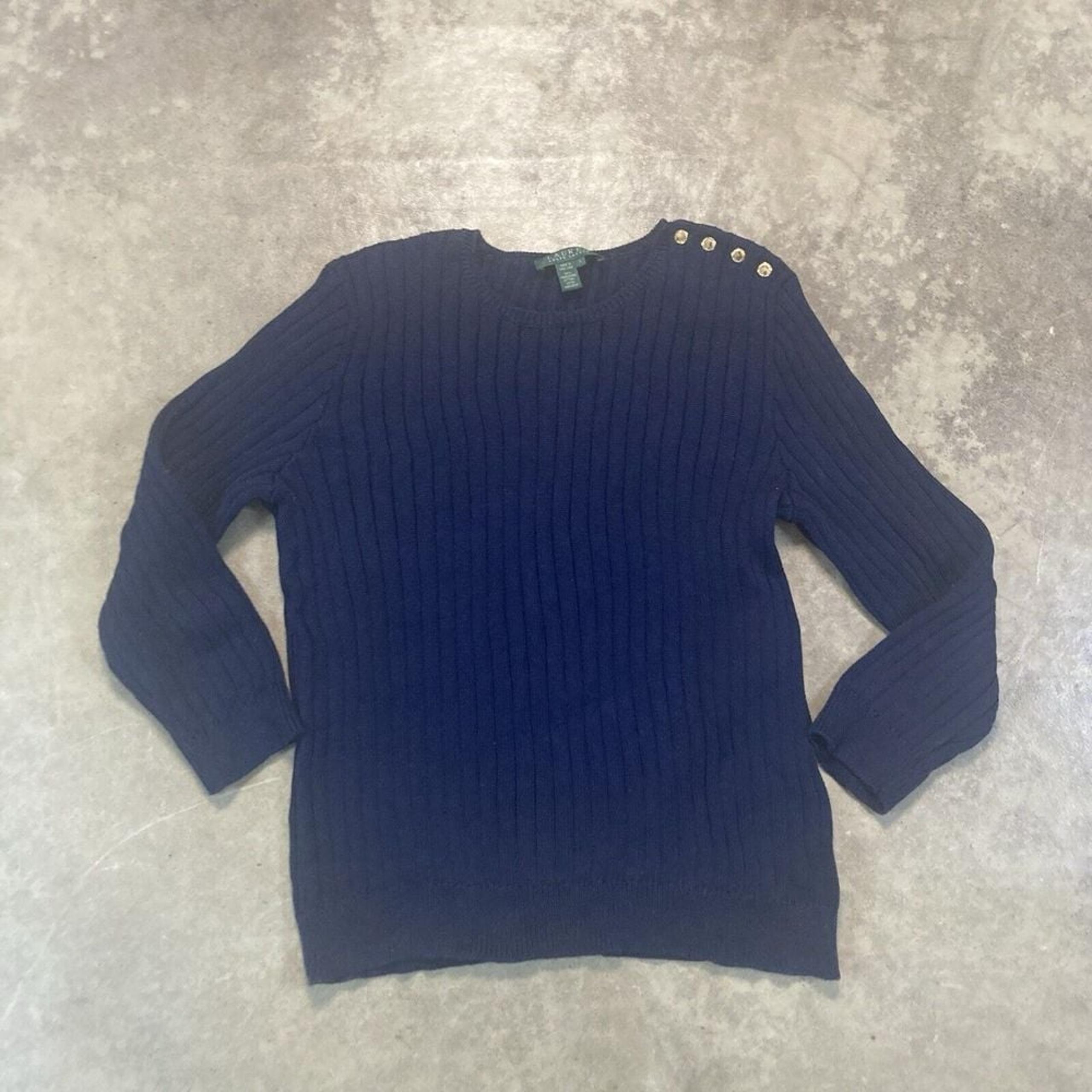 Ralph Lauren Sweater Womens Large Ribbed Bootneck Blue Button Shoulder Basic