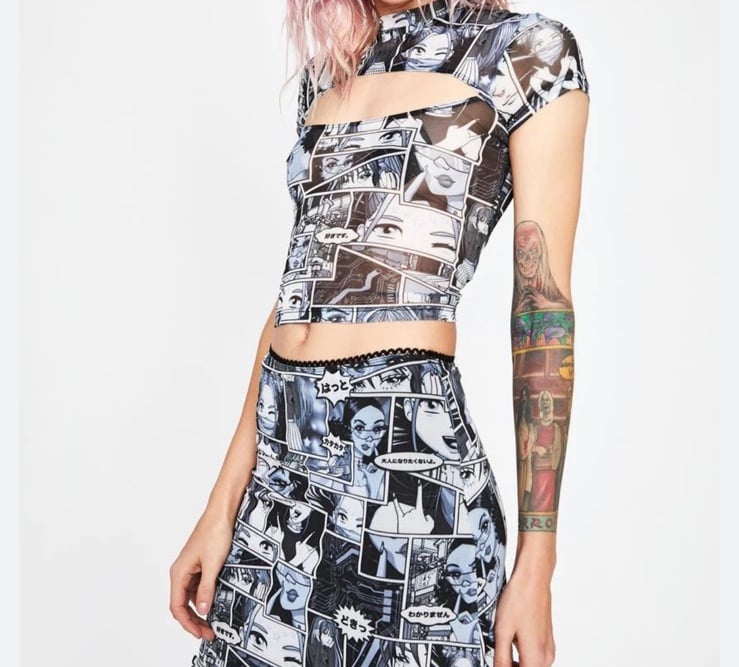 Current Mood Anime Print Mesh Shirt & Skirt