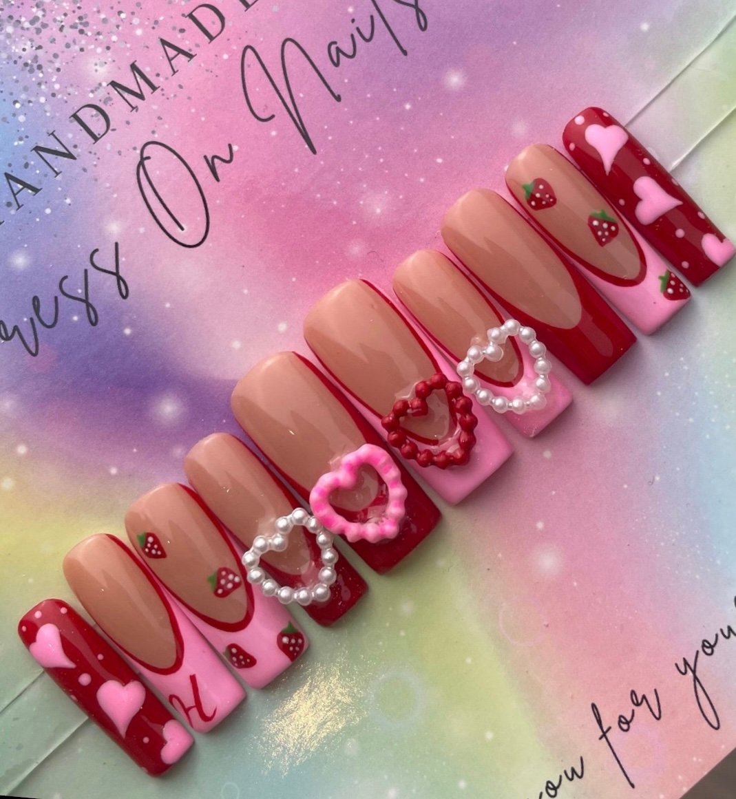 Long square Press on nails pink hearts red French tip valentines strawberries