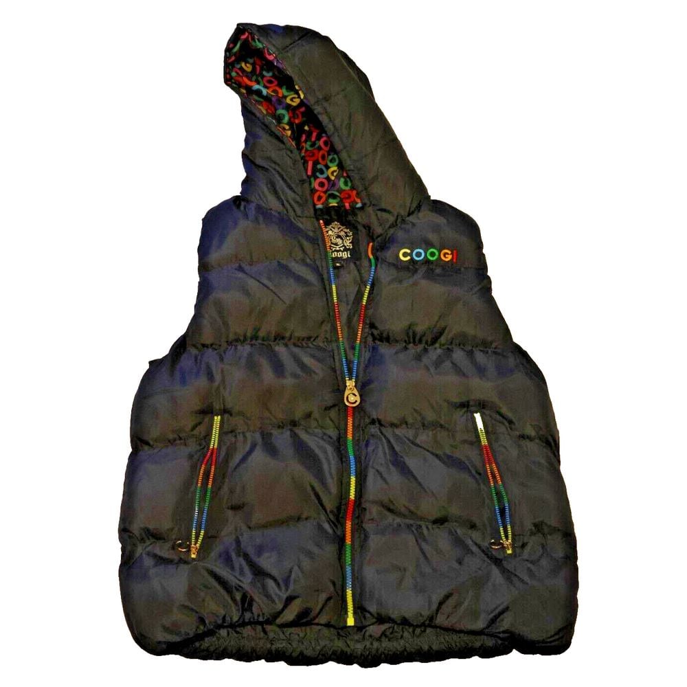 Coogi Womens Hooded Sleeveless Puffer Vest Size XL Black Rainbow Trim Full Zip