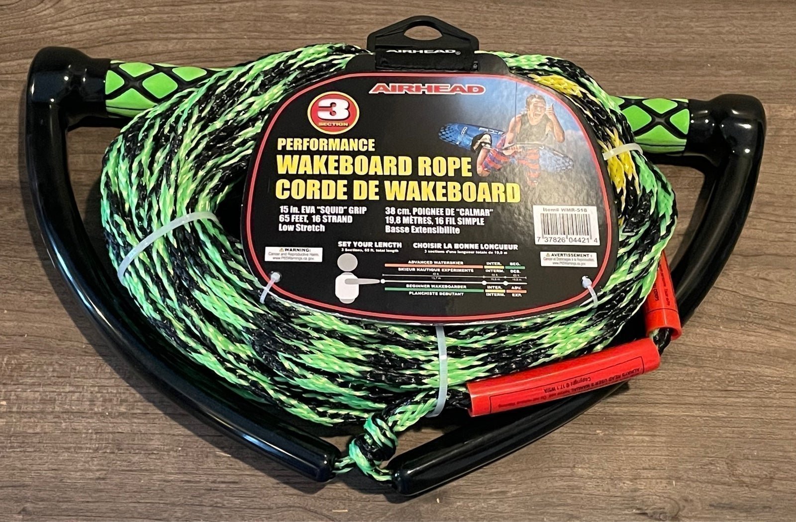 Airhead 3 Section Performance Wakeboard Rope Custom Length 65' Total 15 Handle.