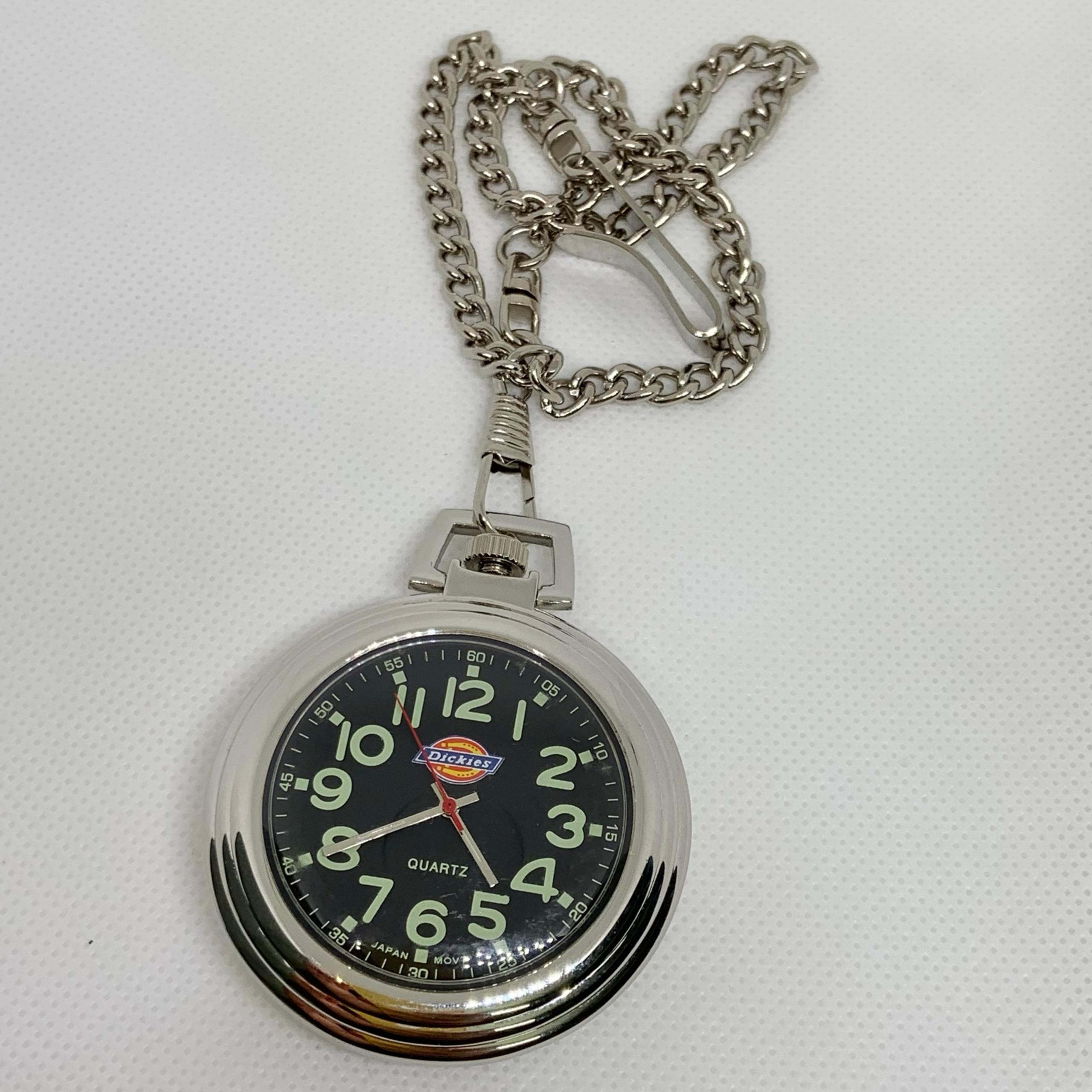 Vtg Dickies open face pocket watch silver black dial  tone with chain running