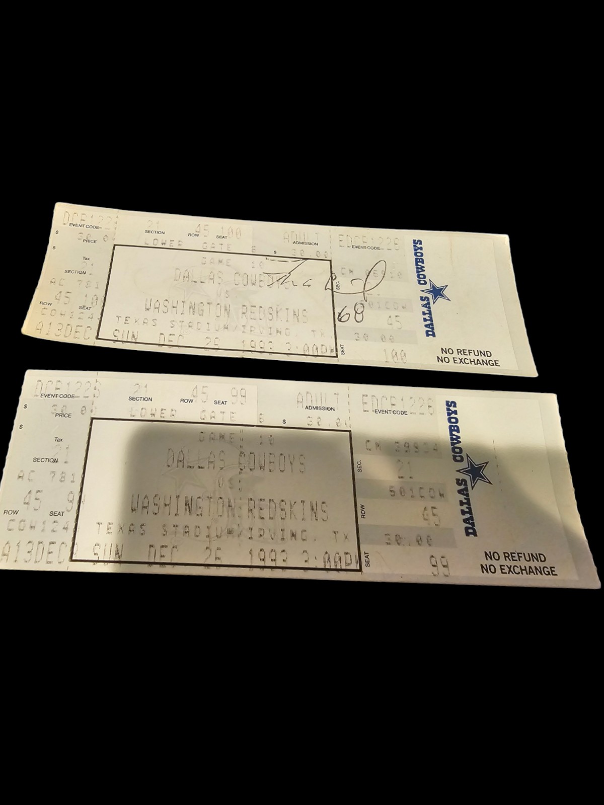 1993 Dallas Cowboys Washington ticket Stubs signed