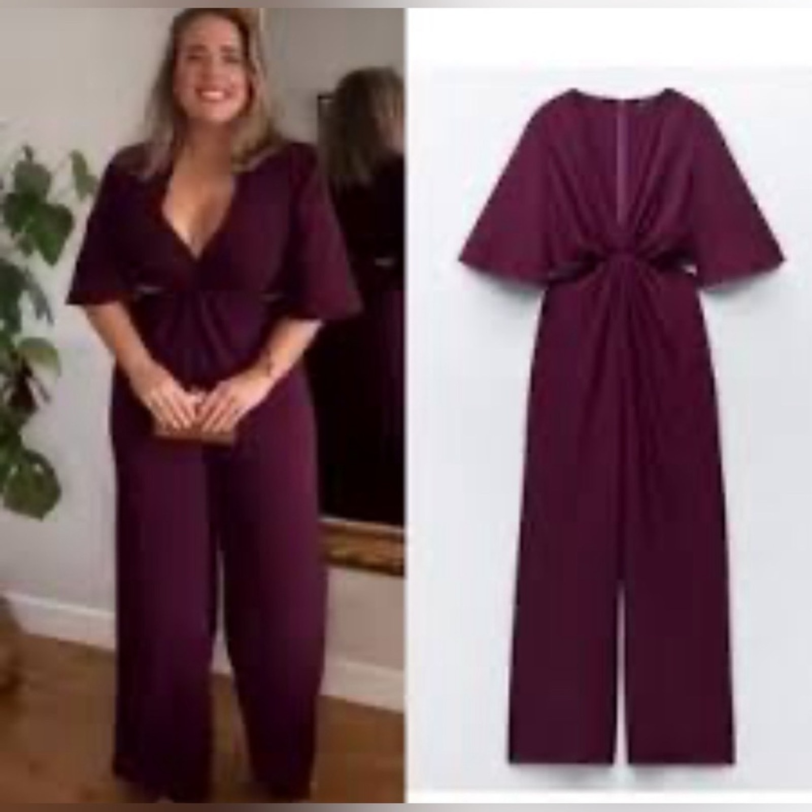 ZARA Purple Plum CUT OUT JUMPSUIT SHORT SLEEVE V NECK Size Small NWT