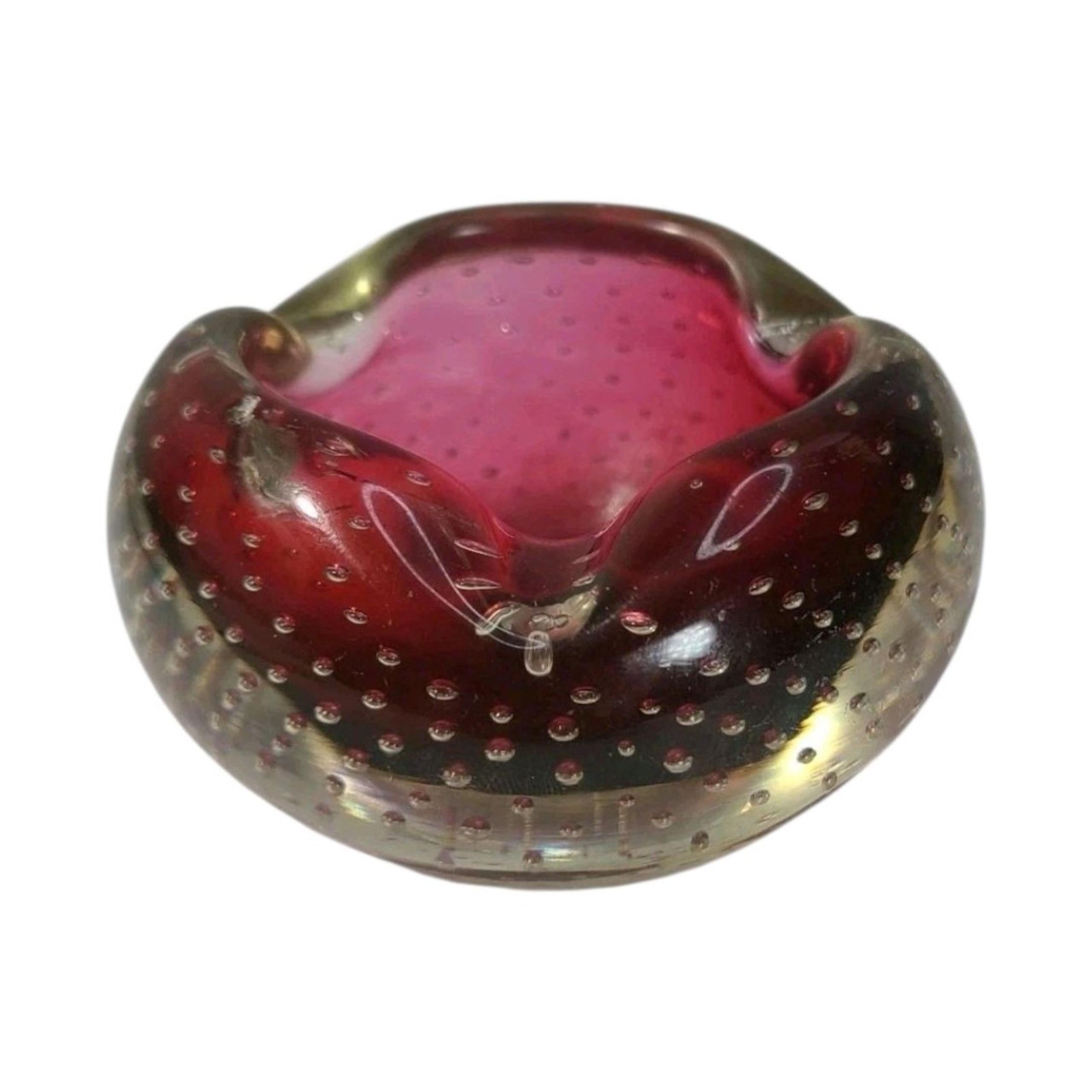Vtg Dark Red Murano Hand Blown Glass Controlled Bubbles Candy Dish Ash Tray Mcm
