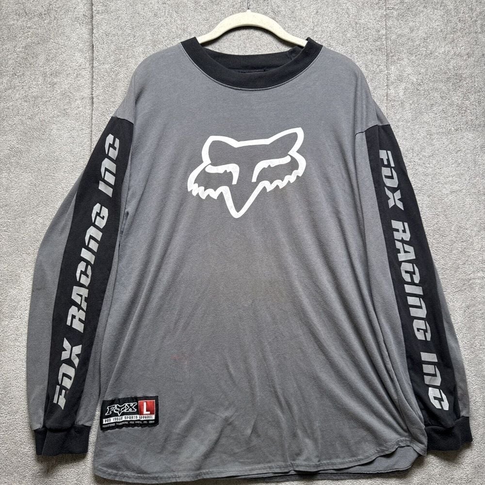 Vintage Y2k Fox Racing Inc Big Logo Spellout Long sleeve T Shirt Large Gray