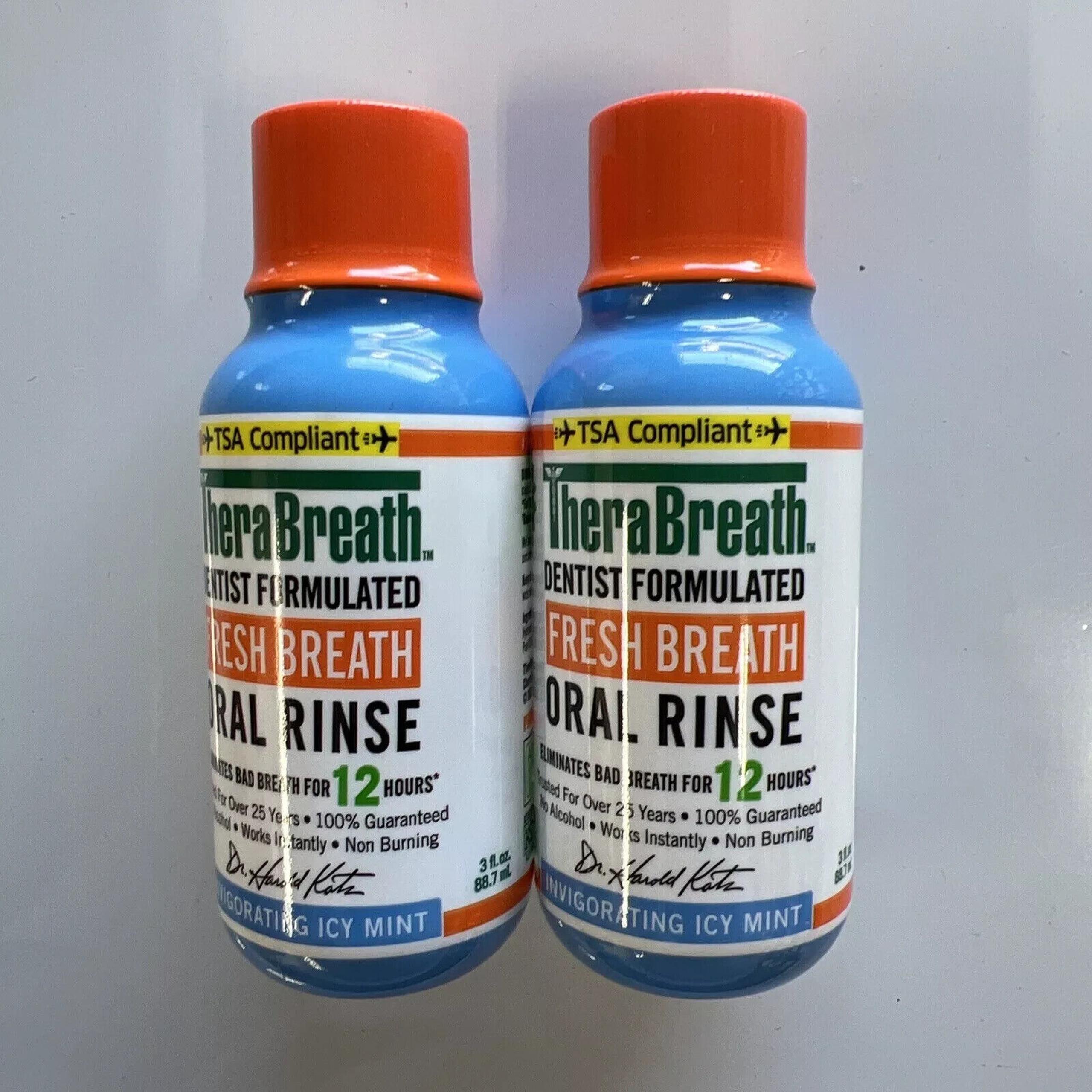TheraBreath Fresh Breath Oral Rinse 3oz Icy Mint EXP 04/27 2 Pack TSA Compliant