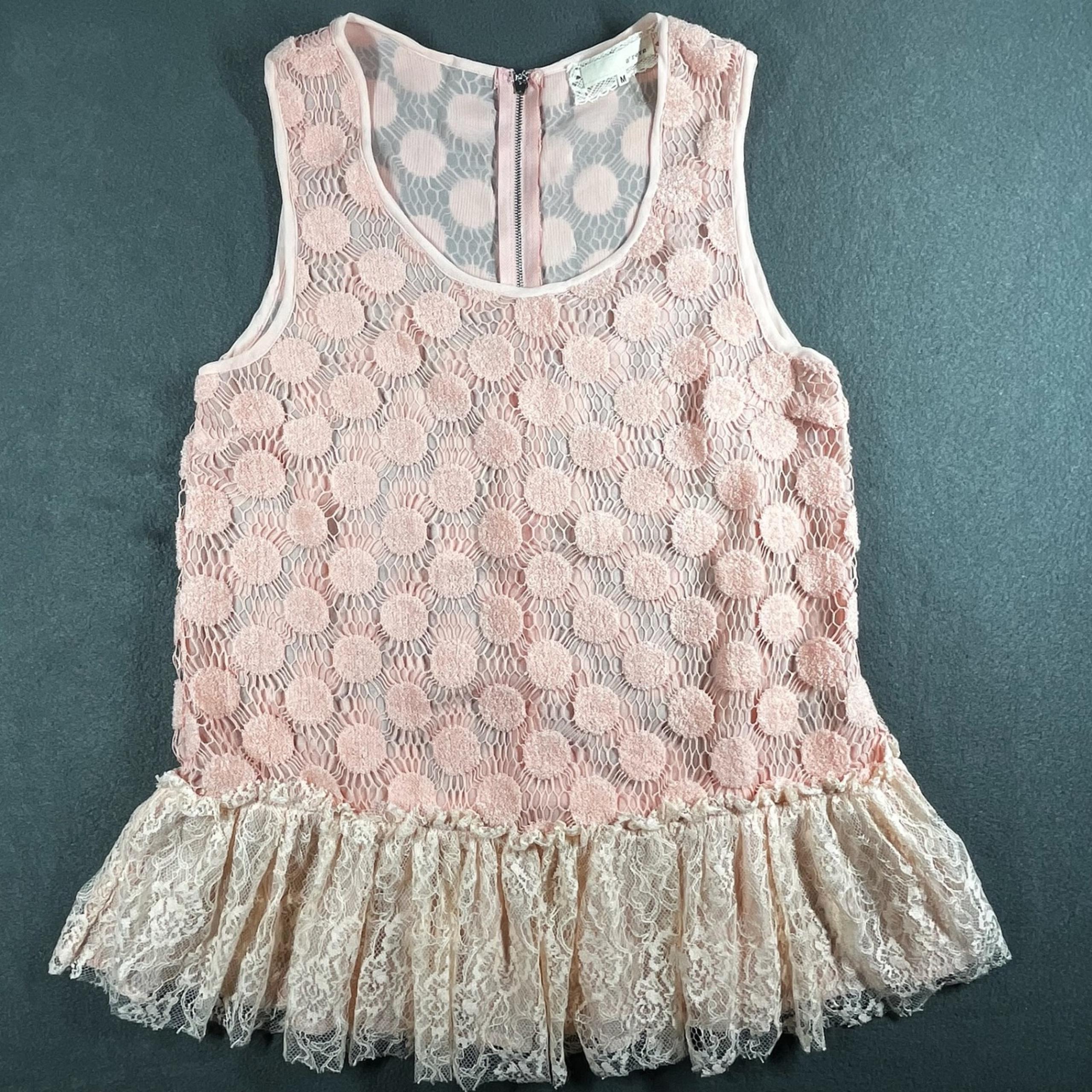 A'reve Pink Lace Peplum Tank Top Women's Size M Ruffle Hem Cottagecore Blouse