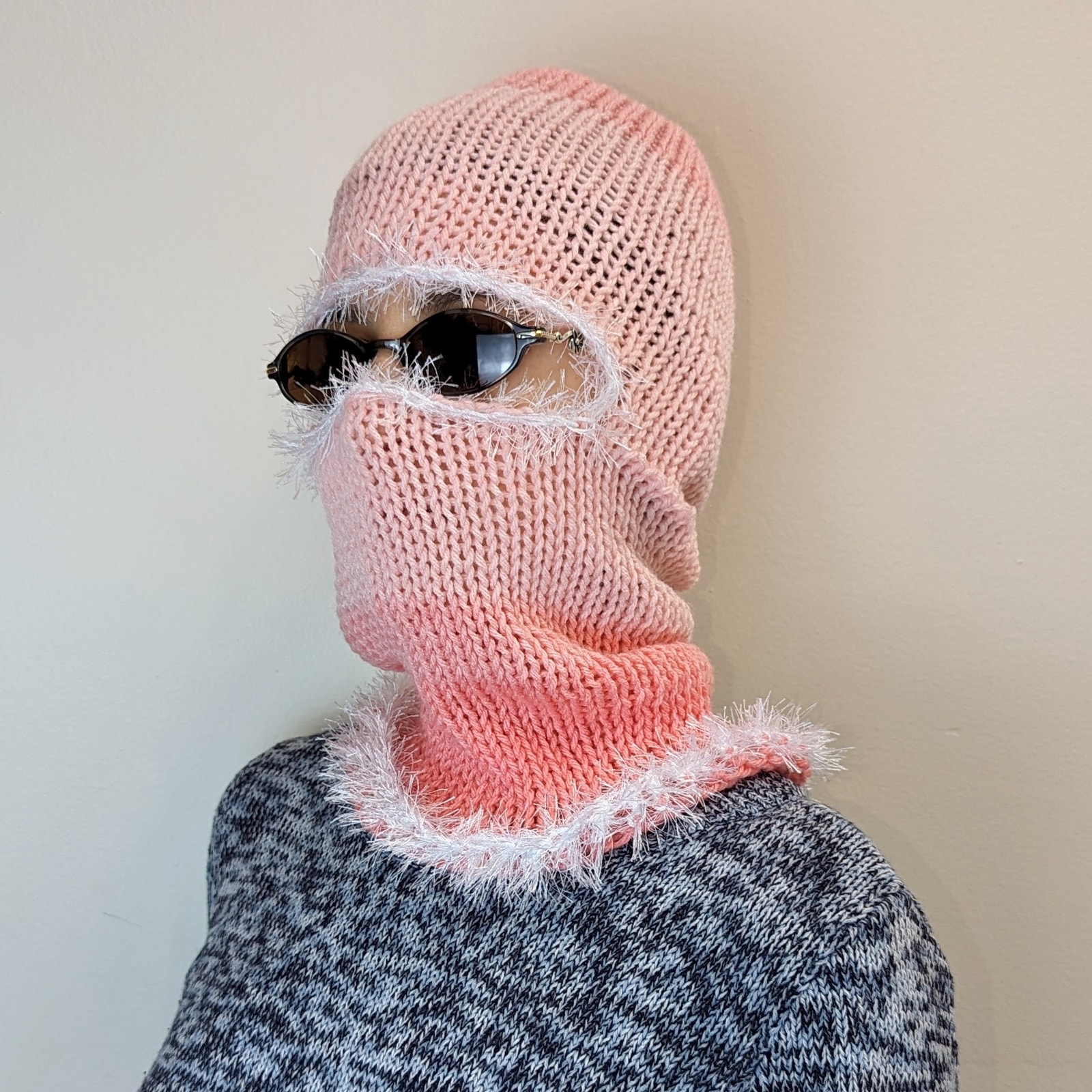 Ombre Coral Pink White Ombre Fuzzy Knitted Handmade Balaclava Winter Hat