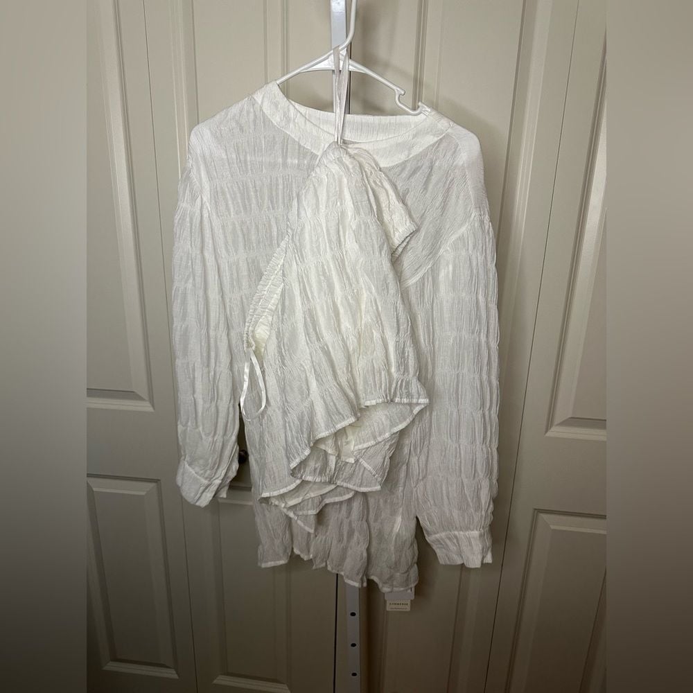 White Textured Button-Up Blouse Set