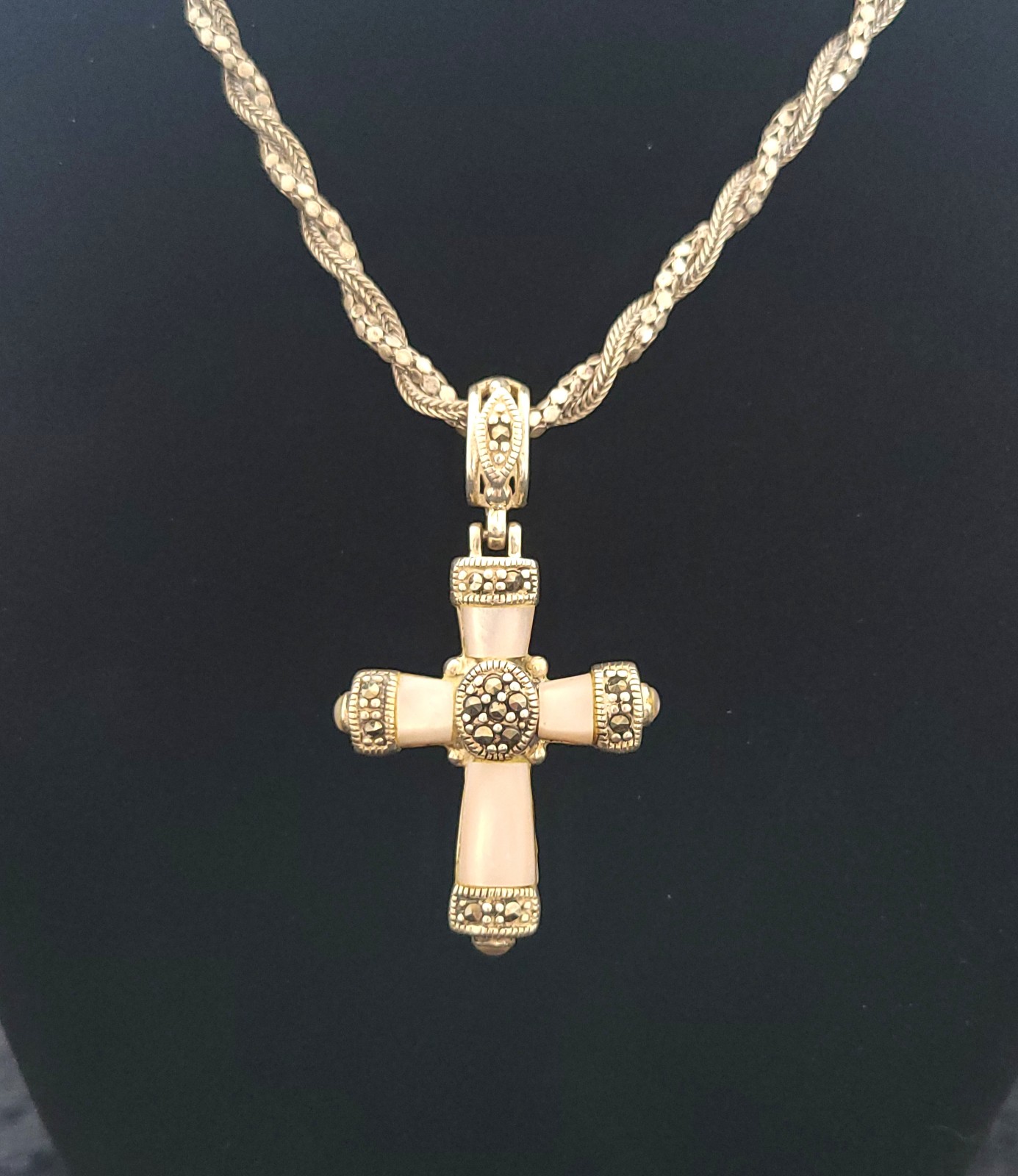 Heavy Sterling Silver Marcasite, Pearl, & Abalone double sided cross necklace
