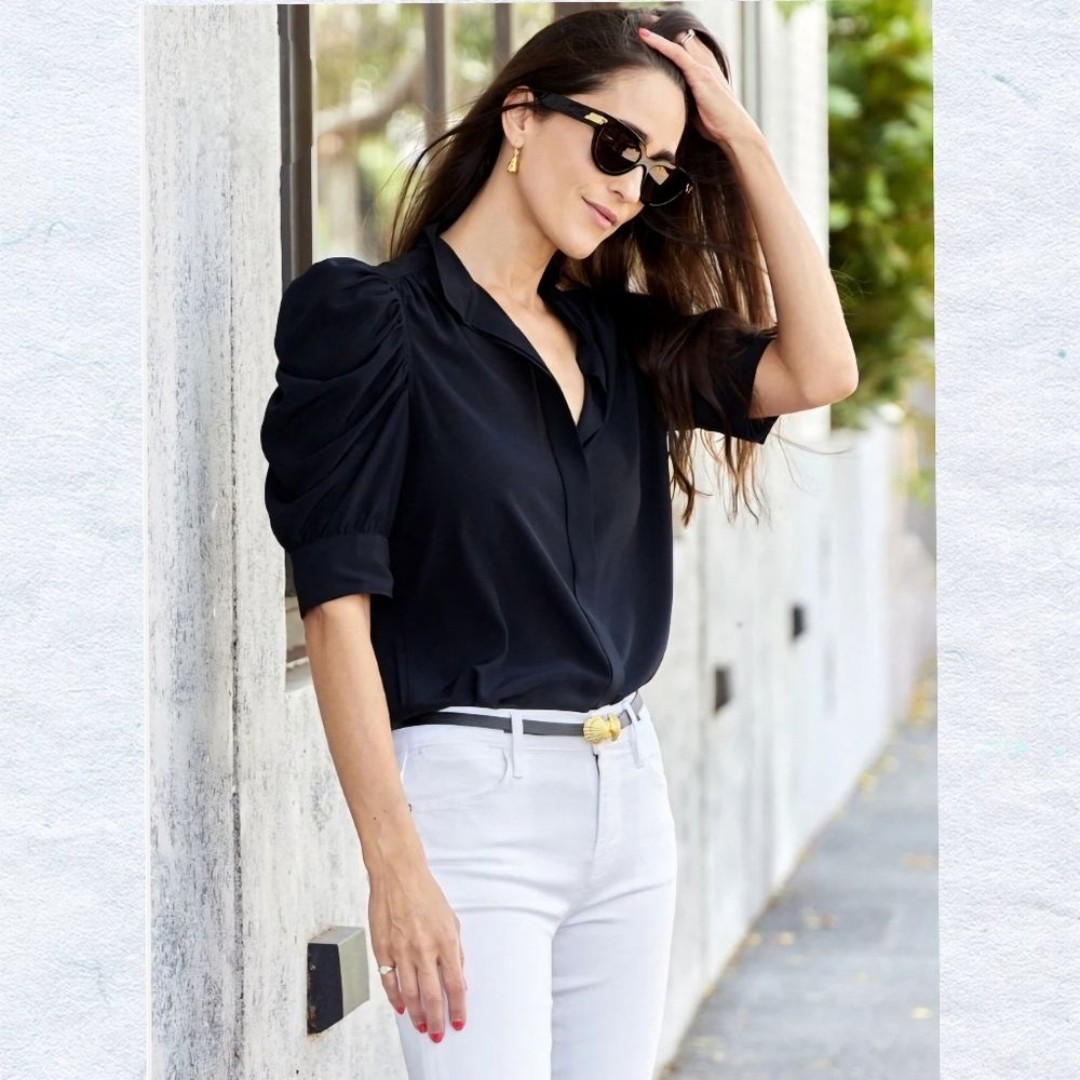 FRAME Gillian Silk Collared Puff-Sleeve Blouse