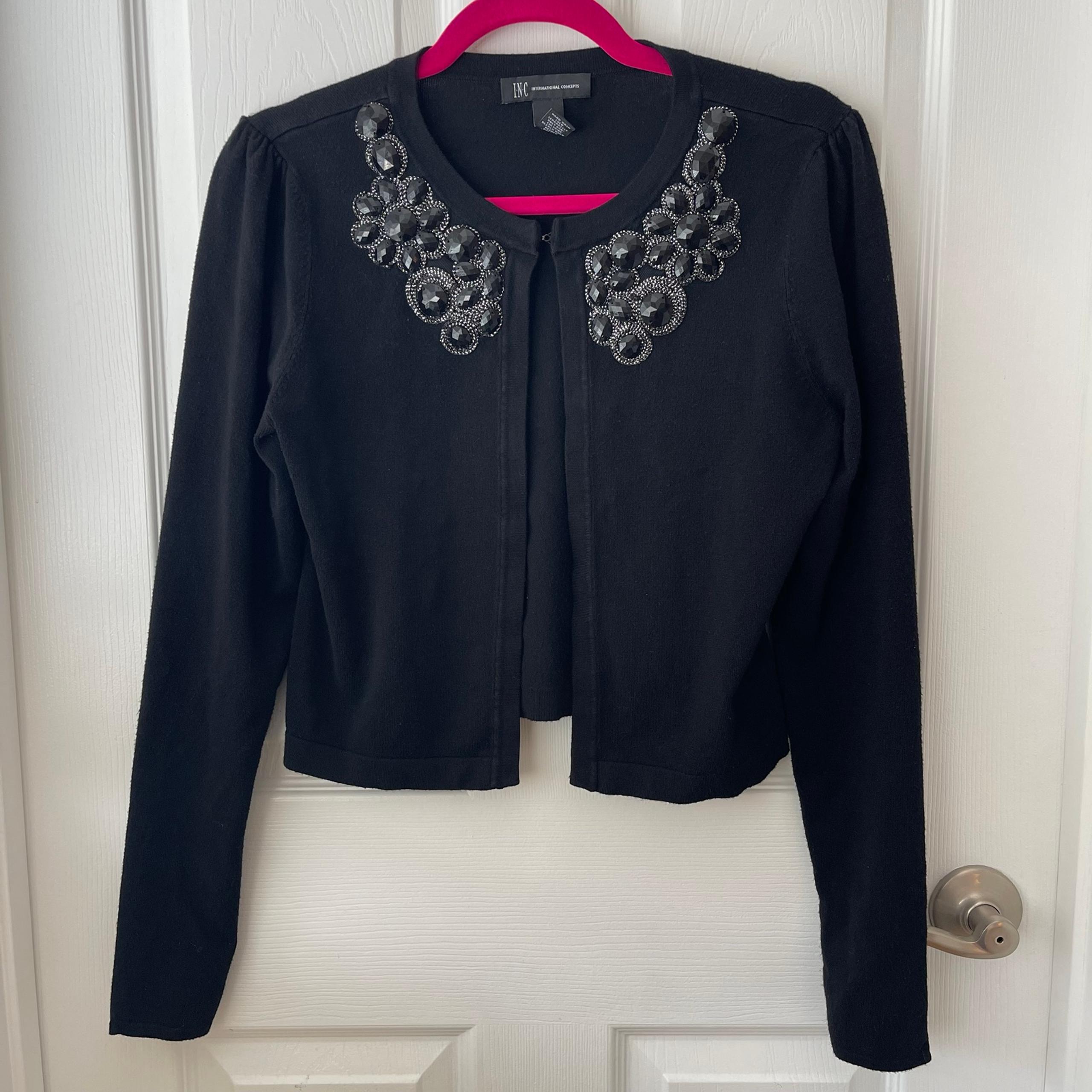 Embroidered Rhinestones Cropped Cardigan Sweater - INC International Concepts