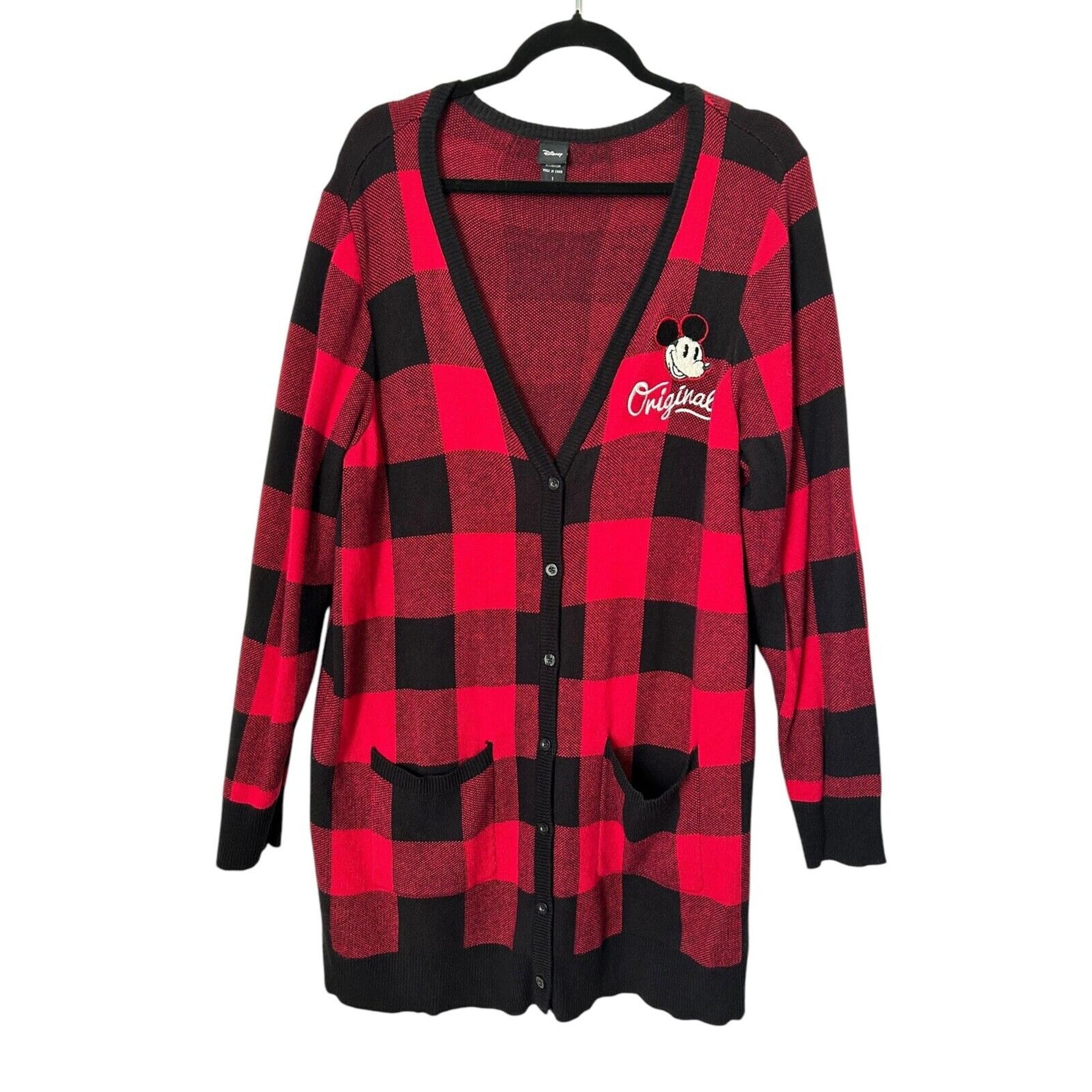 Disney Mickey Mouse Sweater Womens 1 Red Black Plaid Long Sleeve Long Cardigan