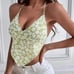 Y2K Green White Floral Halter Tie Bandana V Neck Tank Top Size Medium