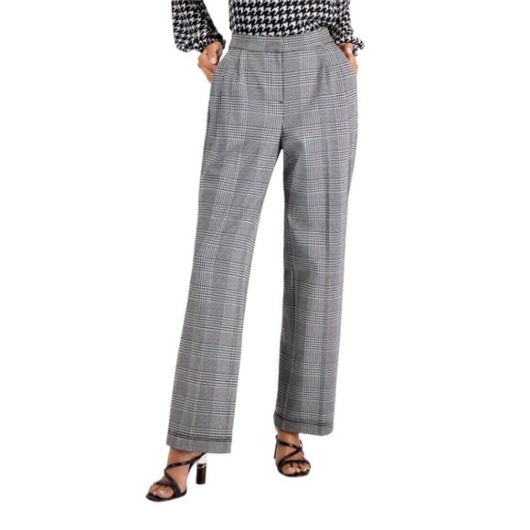 Talbots Black & White Glen Plaid Wool Blend Cuffed Wide Leg Trouser Pants