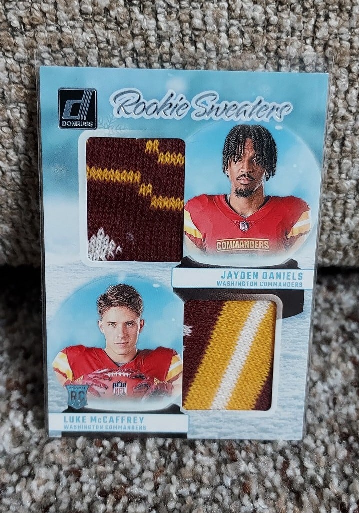Jayden Daniels & Luke McCaffrey 2024 Donruss Dual Rookie Sweaters Relic RHD-WAS