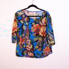 Dries Van Noten Blue Floral Flower Print Tapestry Half Sleeve Crepe Blouse Shirt
