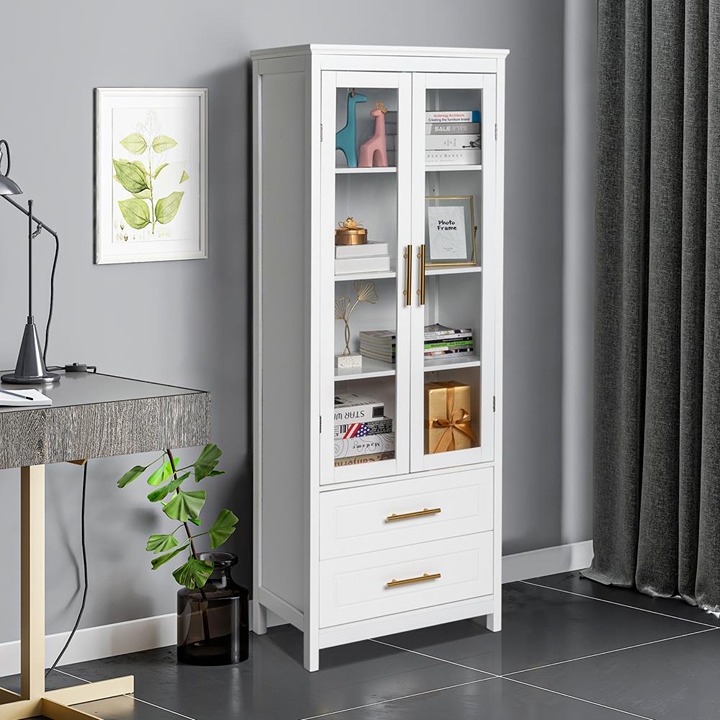 Glass Door Display Cabinet Floor Standing w/ 2 Drawer Storage Cabinet Bookshelf