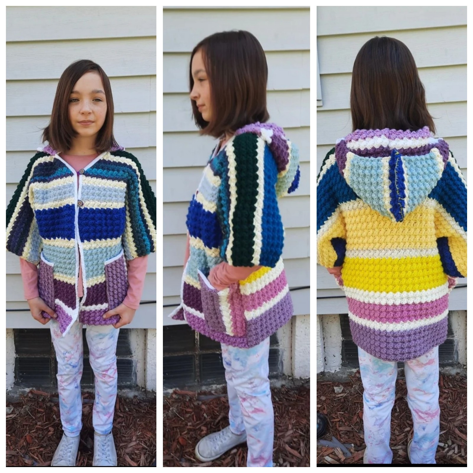 Afghan Blanket Coat Girls L wide stripes hooded Don't Throw It Out